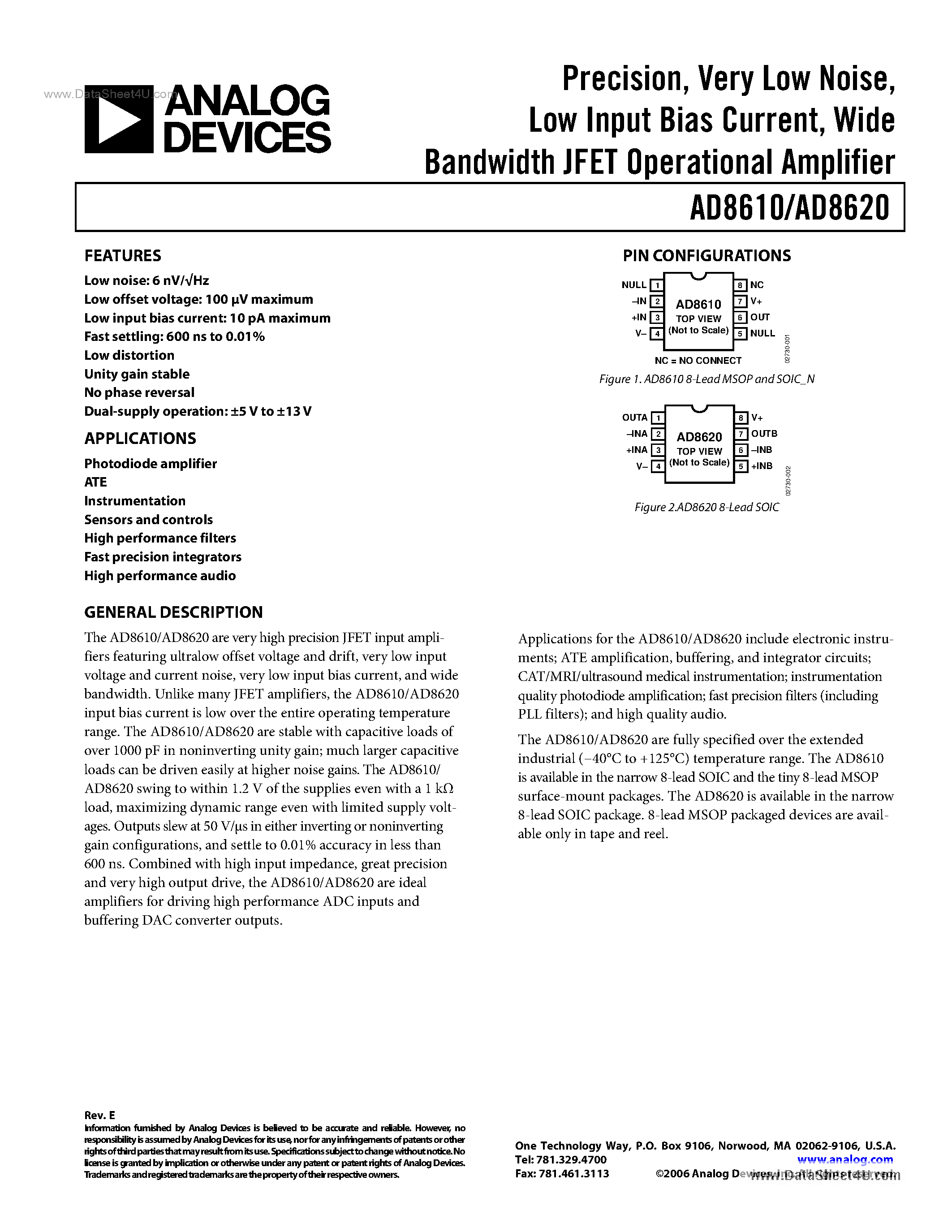 Даташит AD8610 - (AD8610 / AD8620) Wide Bandwidth JFET Operational Amplifier страница 1