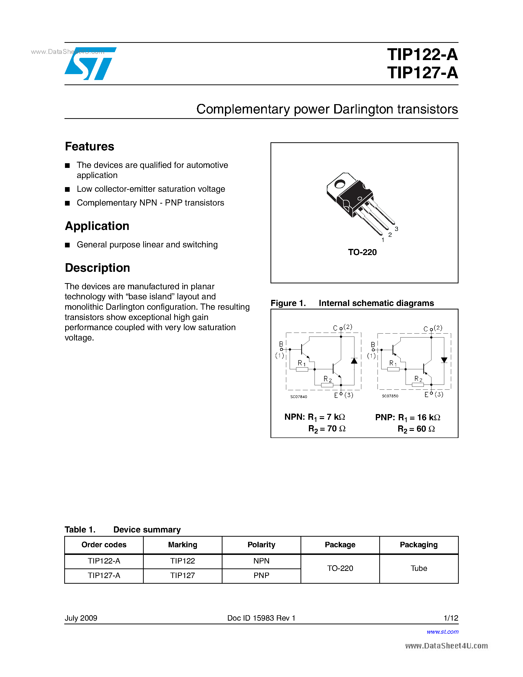 Даташит TIP122-A - (TIP122-A / TIP127-A) Transistors страница 1