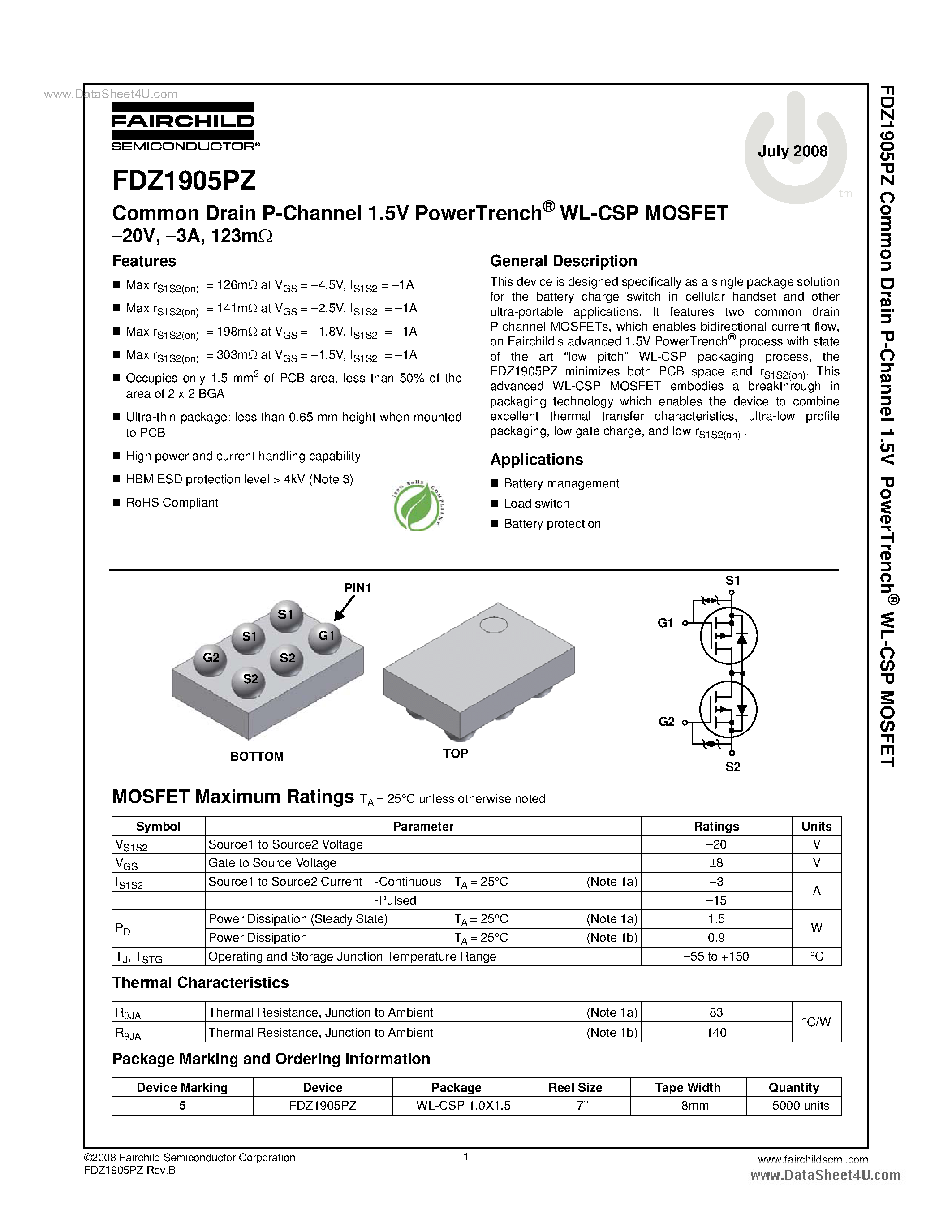 Даташит FDZ1905PZ - Common Drain P-Channel 1.5V PowerTrench WL-CSP MOSFET страница 1