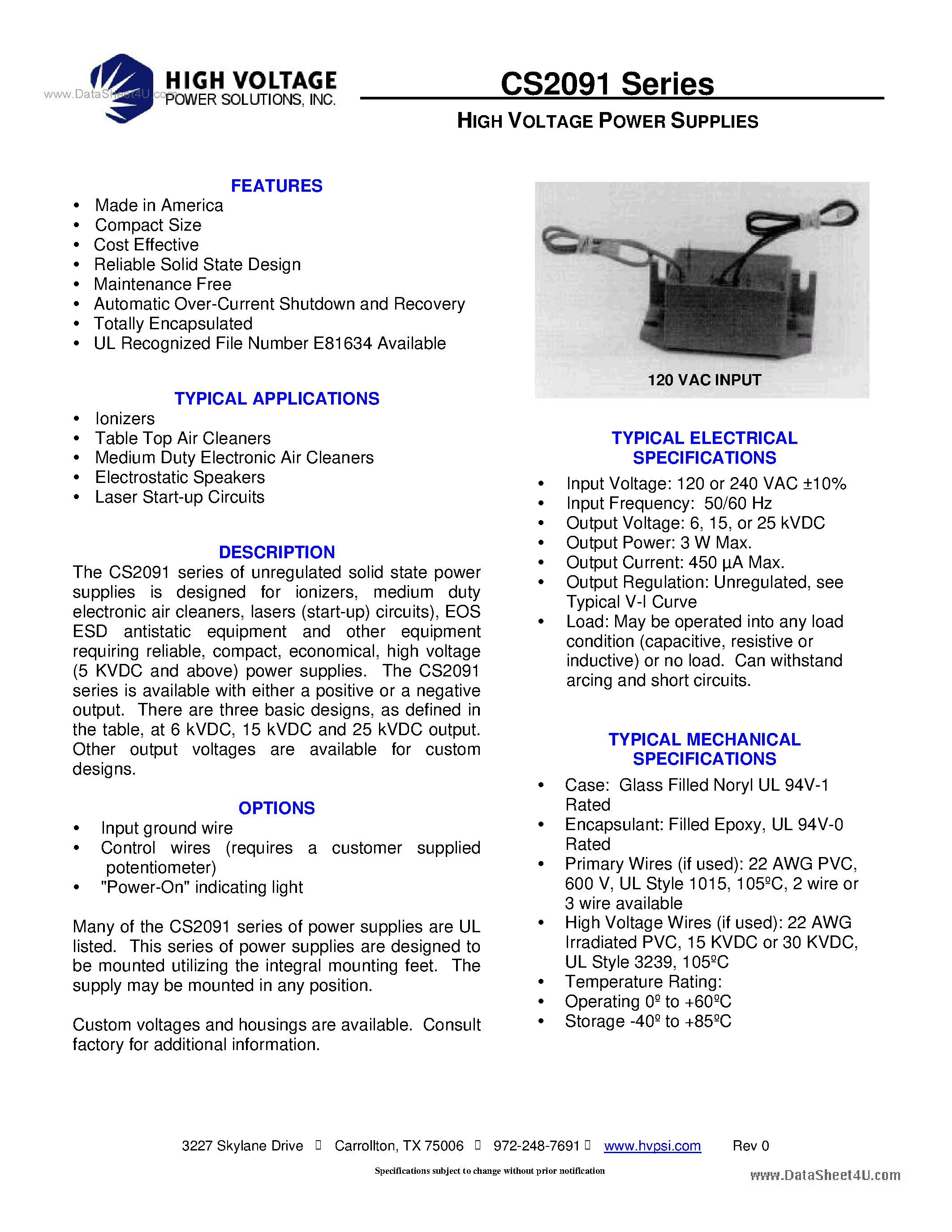 Даташит CS2091 - High Voltage Power Supplies страница 1