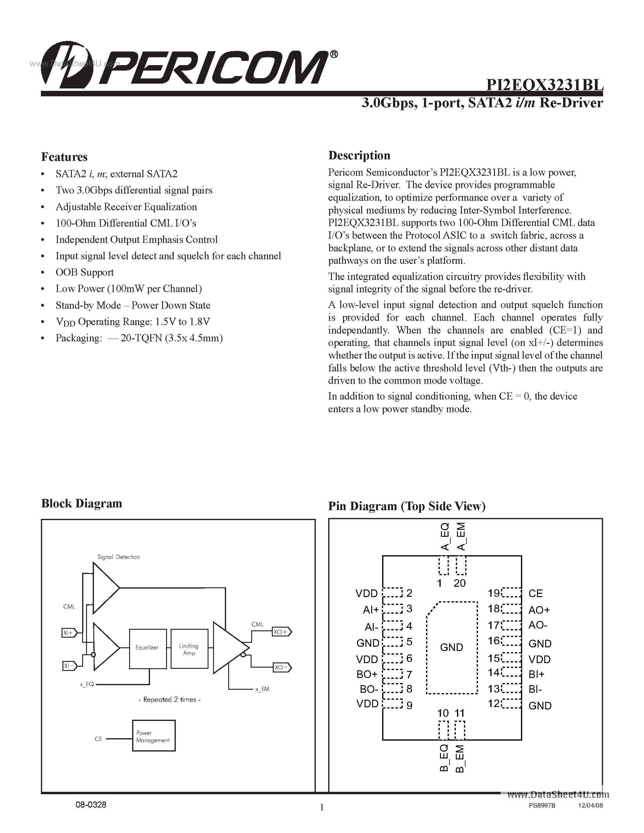 Datasheet PI2EQX3231BL - 1-port SATA2 I/m ReDriver page 1