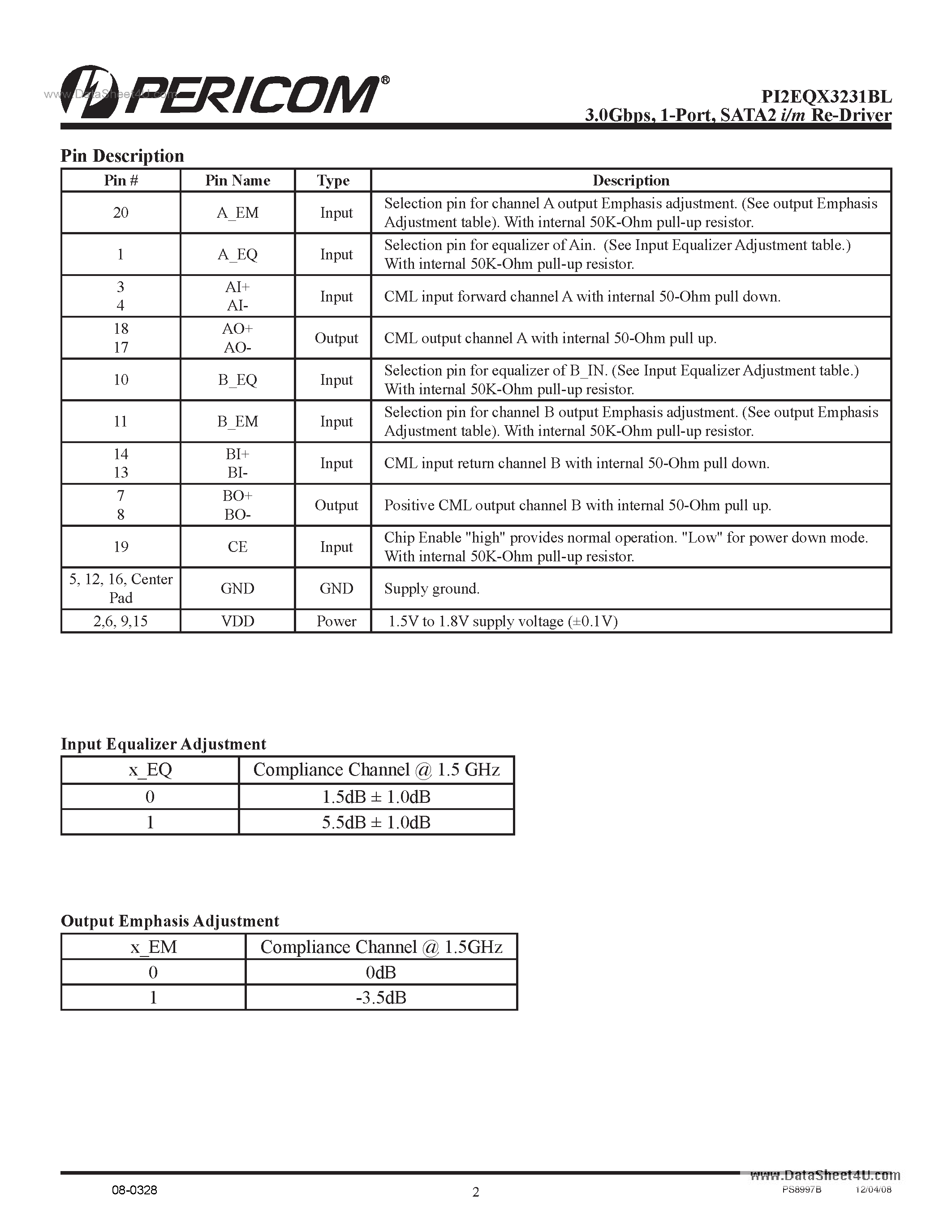 Datasheet PI2EQX3231BL - 1-port SATA2 I/m ReDriver page 2