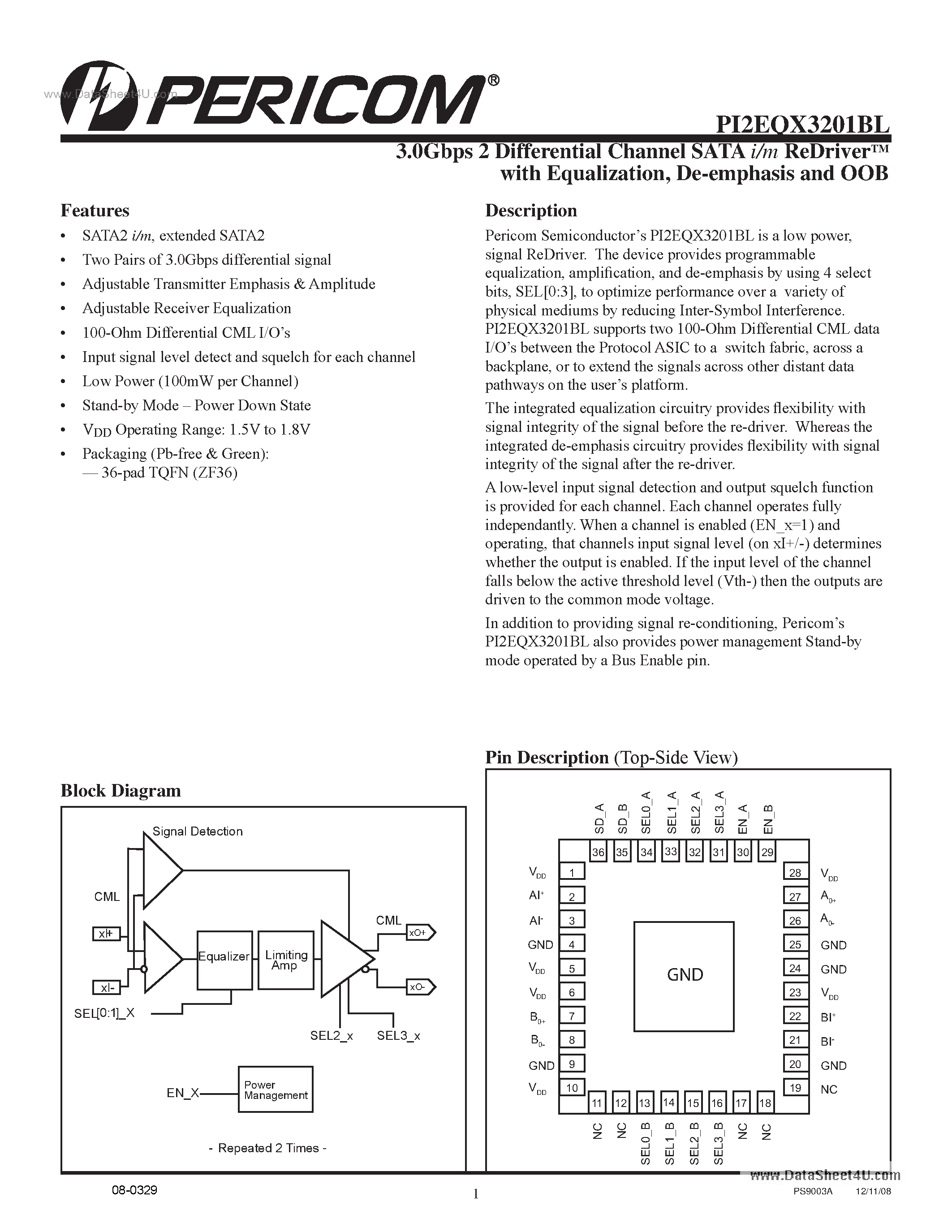 Datasheet PI2EQX3201BL - 1-port SATA2 I/m ReDriver page 1