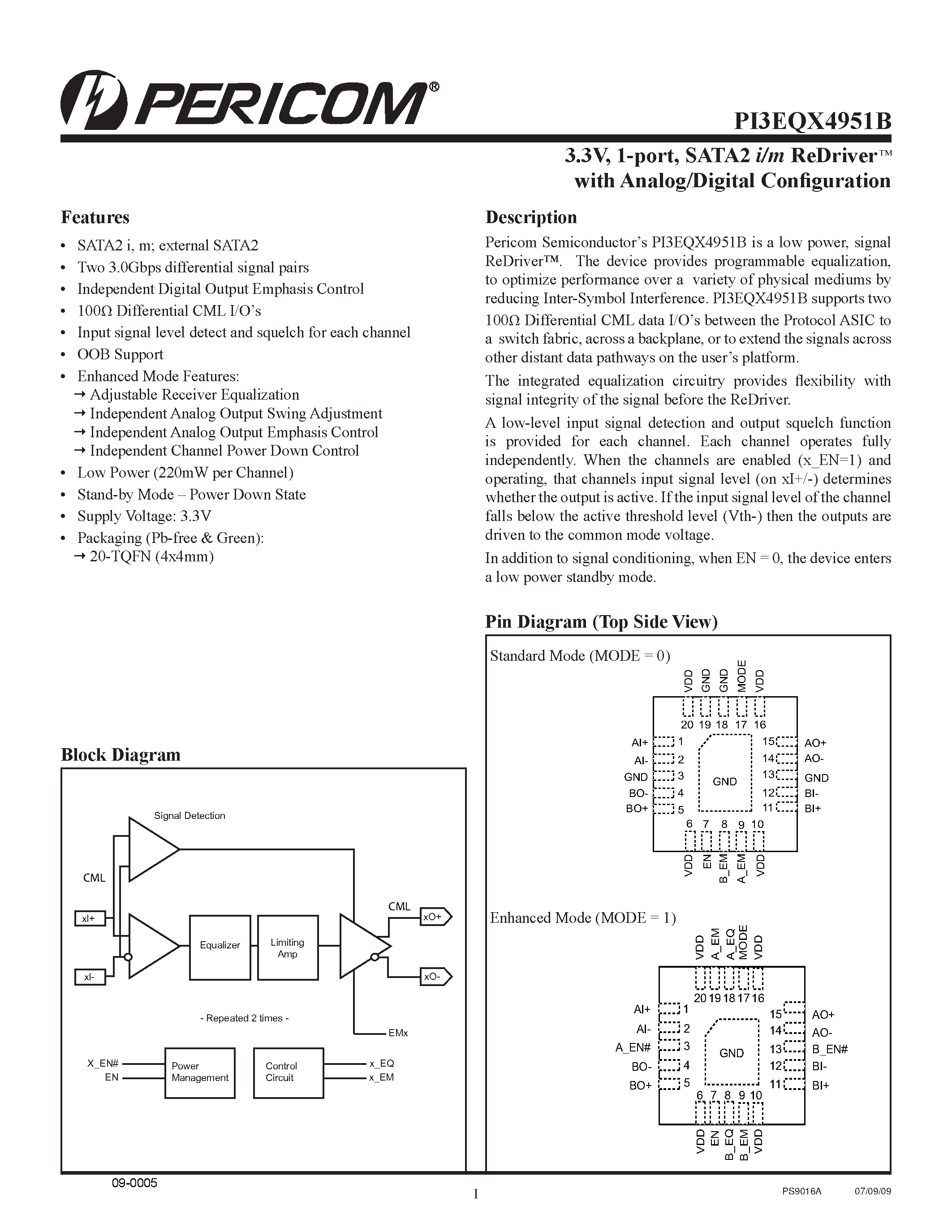 Даташит PI3EQX4951B - 1-Port SATA2 I/m ReDriver страница 1