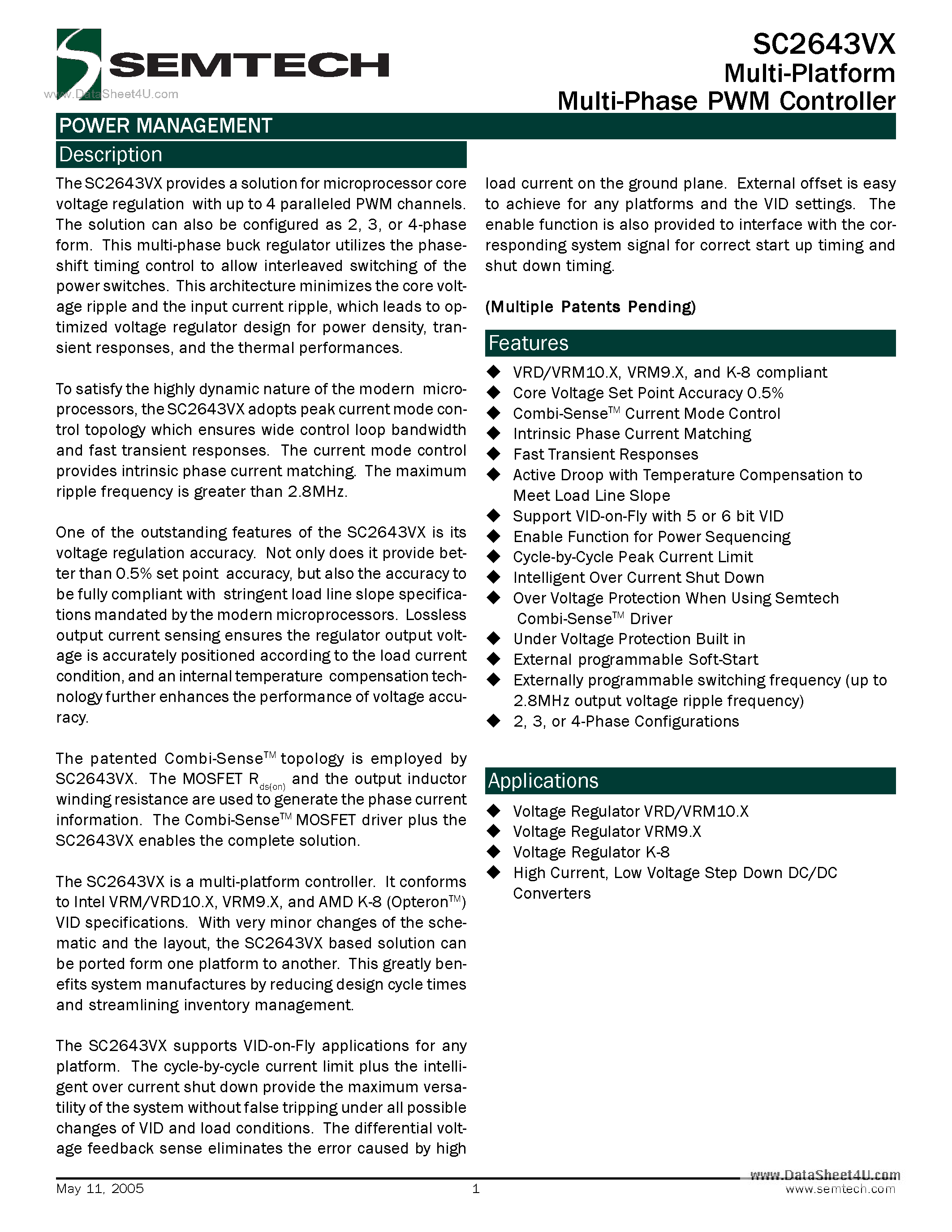 Даташит на микросхему SC2643VX страница 1 Даташит SC2643VX - Multi-Platform Multi-Phase PWM Controller страница 1