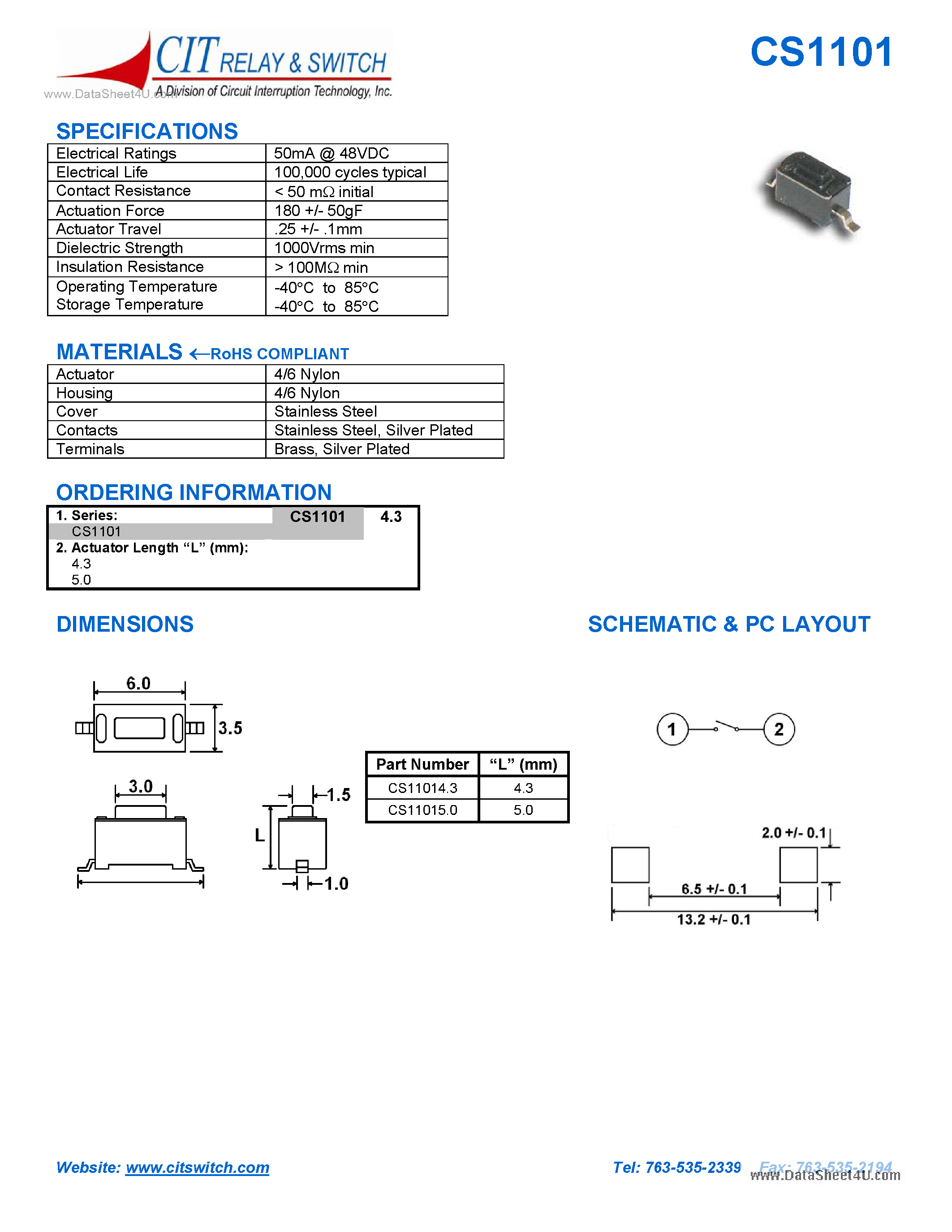 Datasheet CS1101 - DIMENSIONS SCHEMATIC & PC LAYOUT page 1