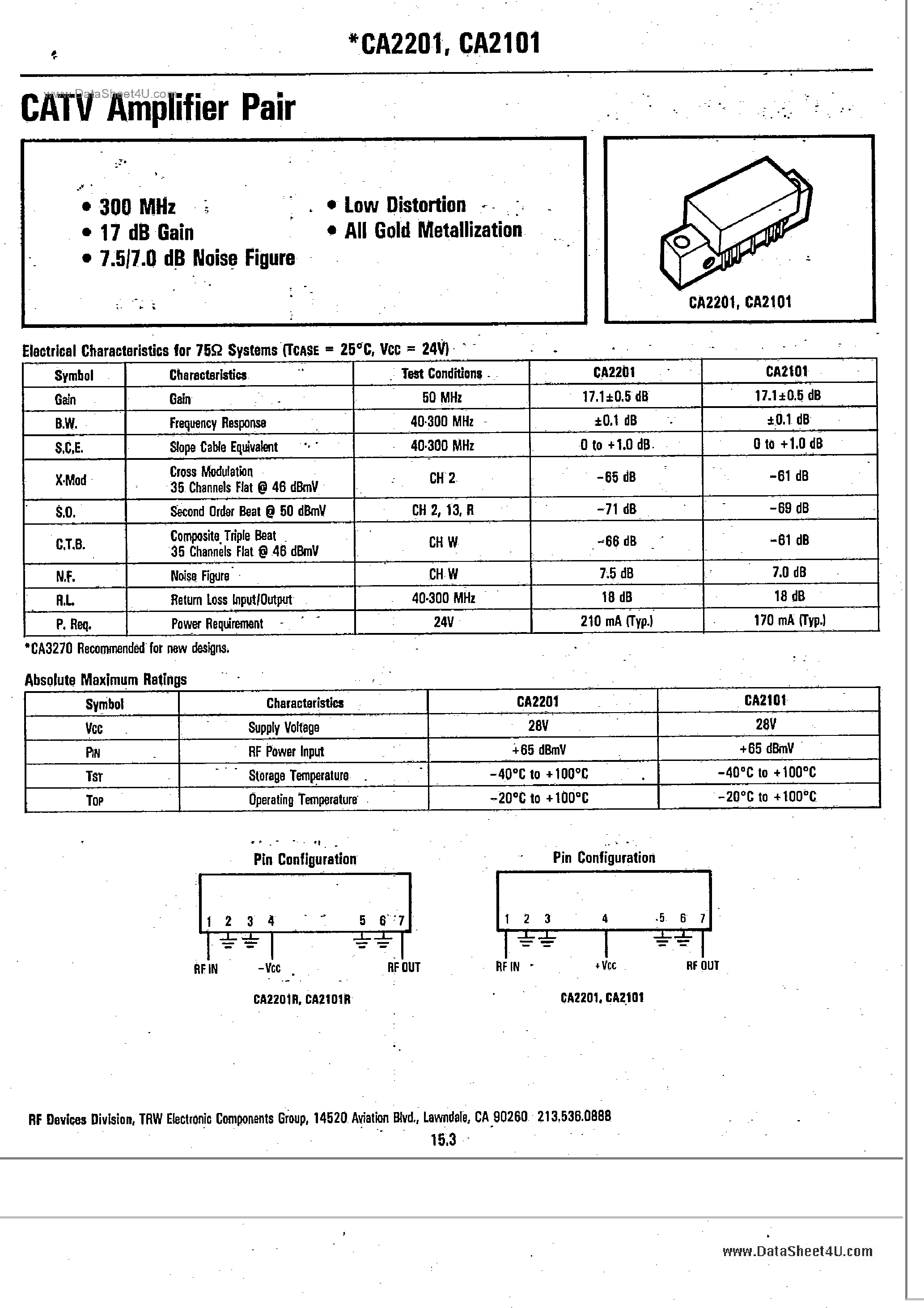Datasheet CA2101 - (CA2101 / CA2201) CATV Amplifier Pair page 1