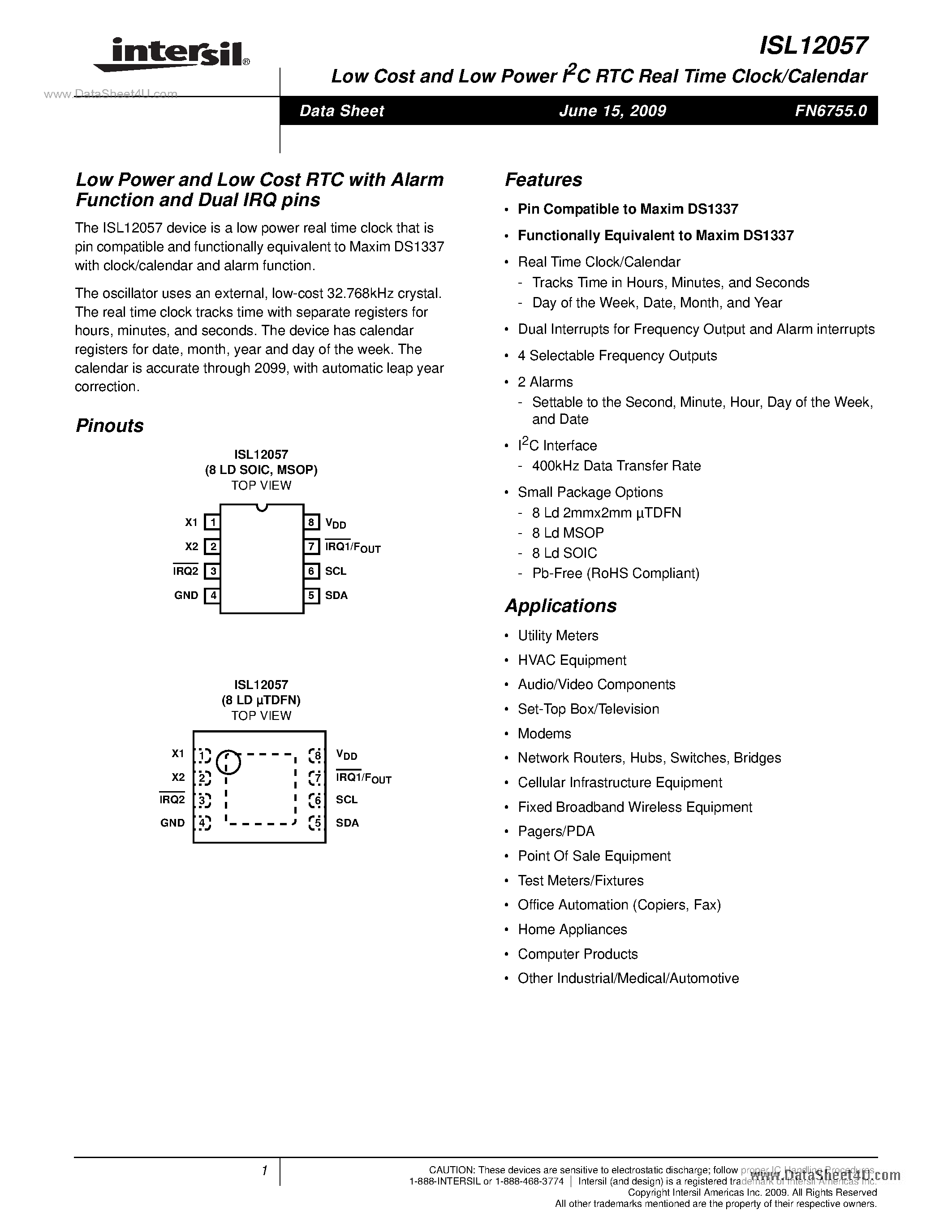 Datasheet ISL12057 - Low Cost and Low Power I2C RTC Real Time Clock/Calendar page 1
