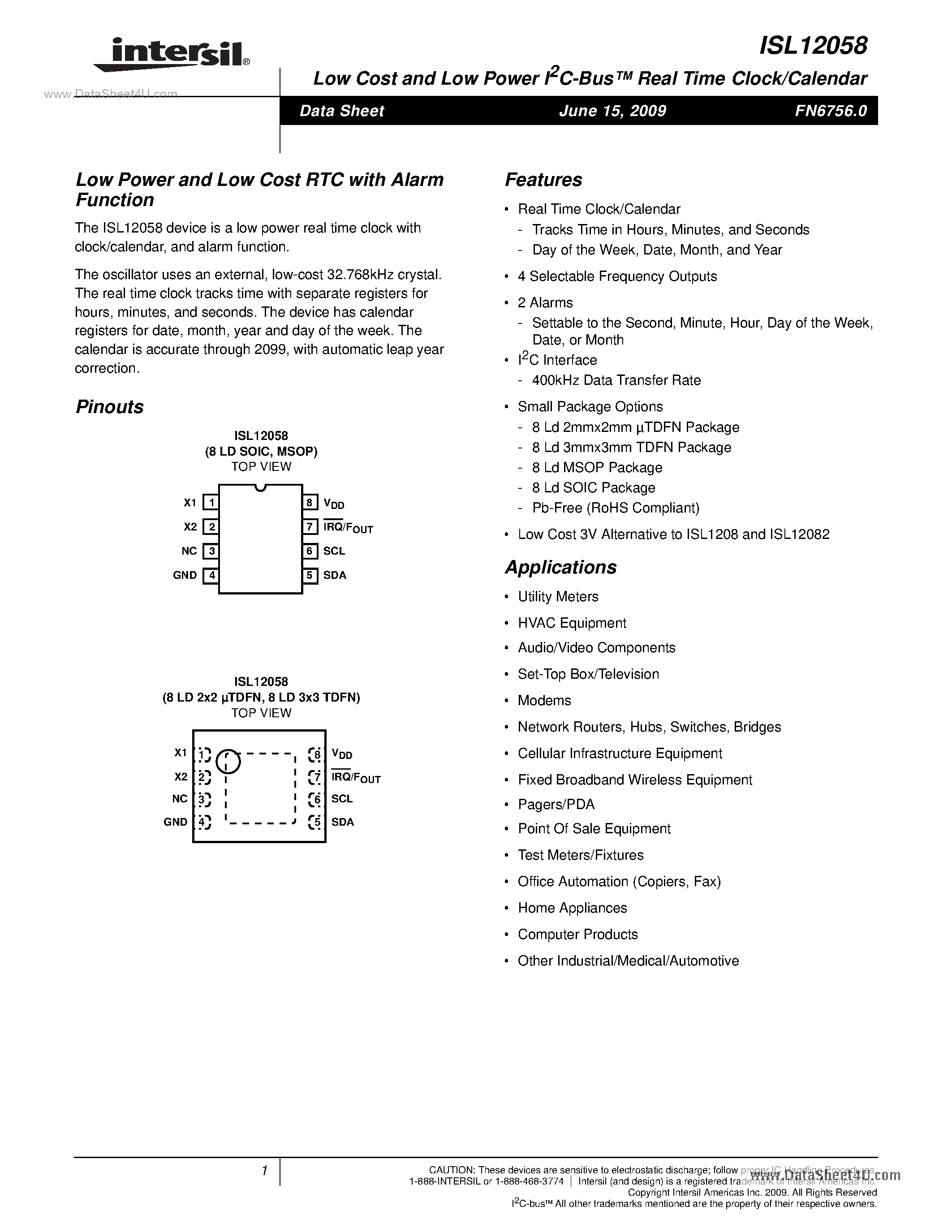 Datasheet ISL12058 - Low Cost and Low Power I2C-Bus Real Time Clock/Calendar page 1
