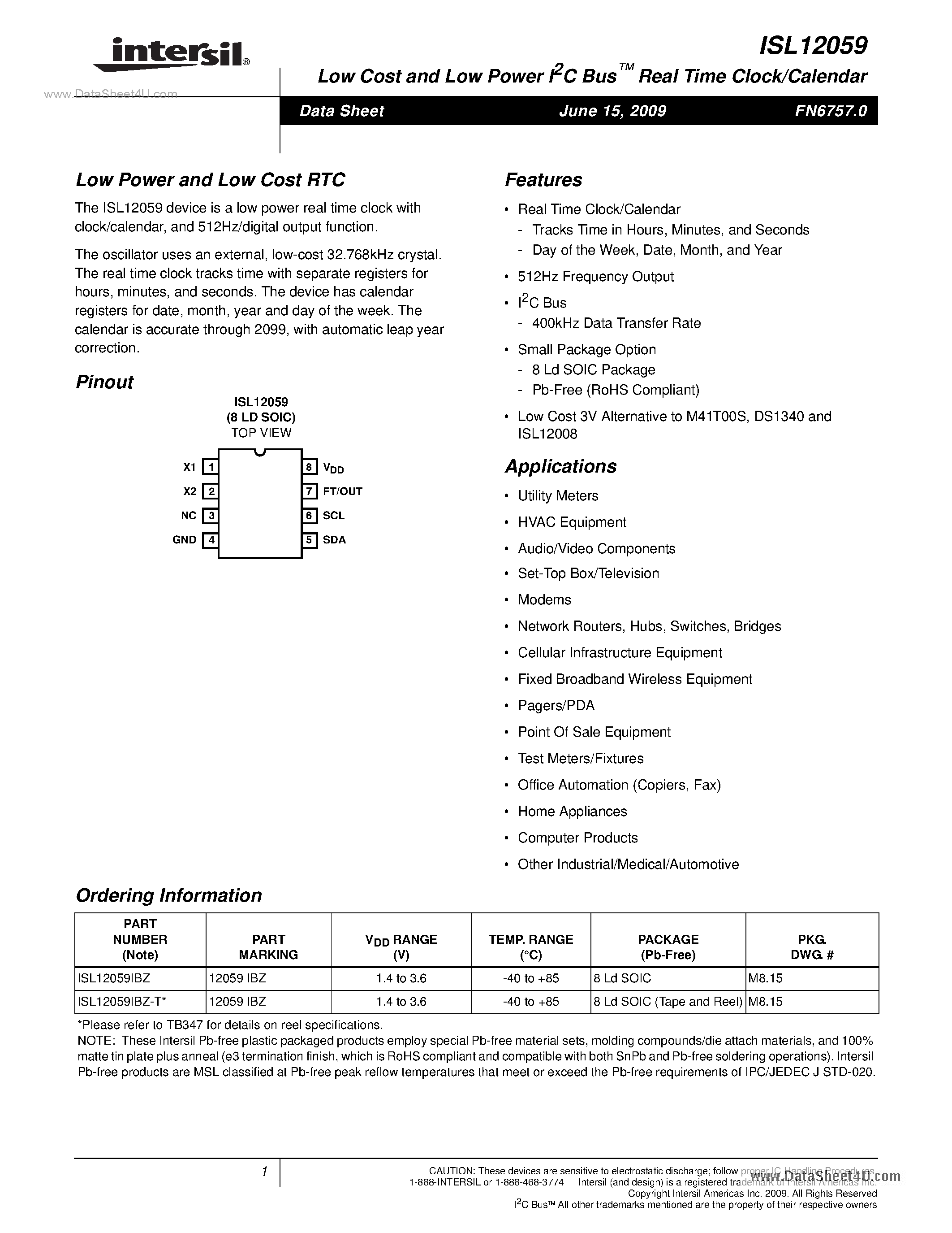 Datasheet ISL12059 - Low Cost and Low Power I2C Bus Real Time Clock/Calendar page 1