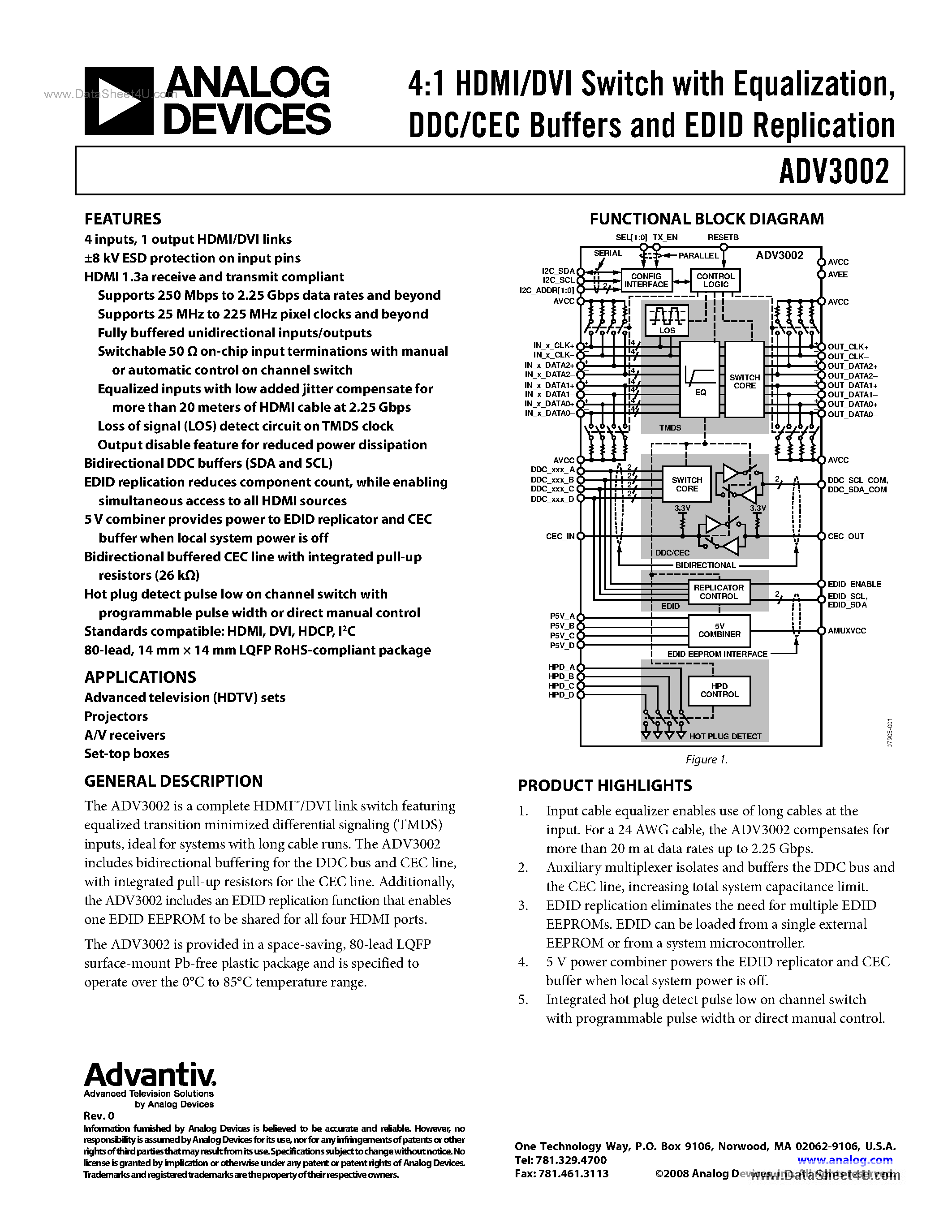 Даташит ADV3002 - 4:1 HDMI/DVI Switch страница 1