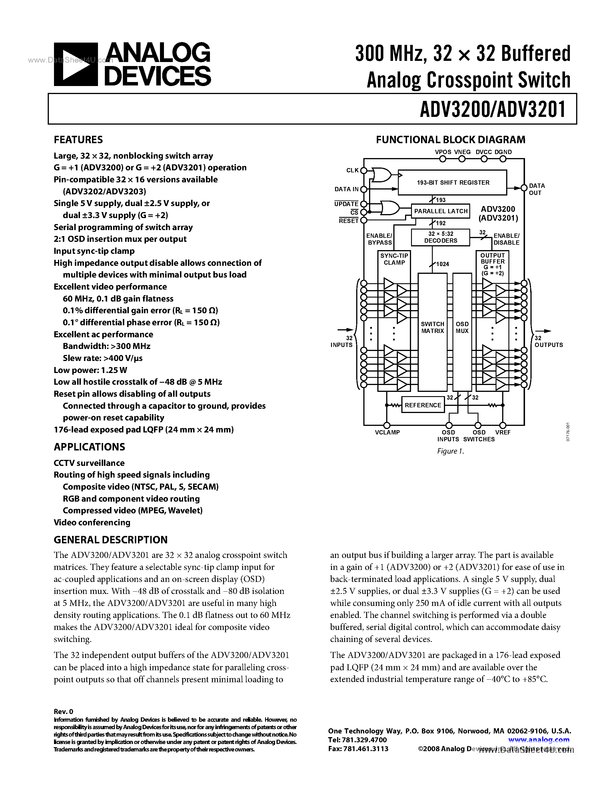 Даташит ADV3200 - (ADV3200 / ADV3201) 32 X 32 Buffered Analog Crosspoint Switch страница 1