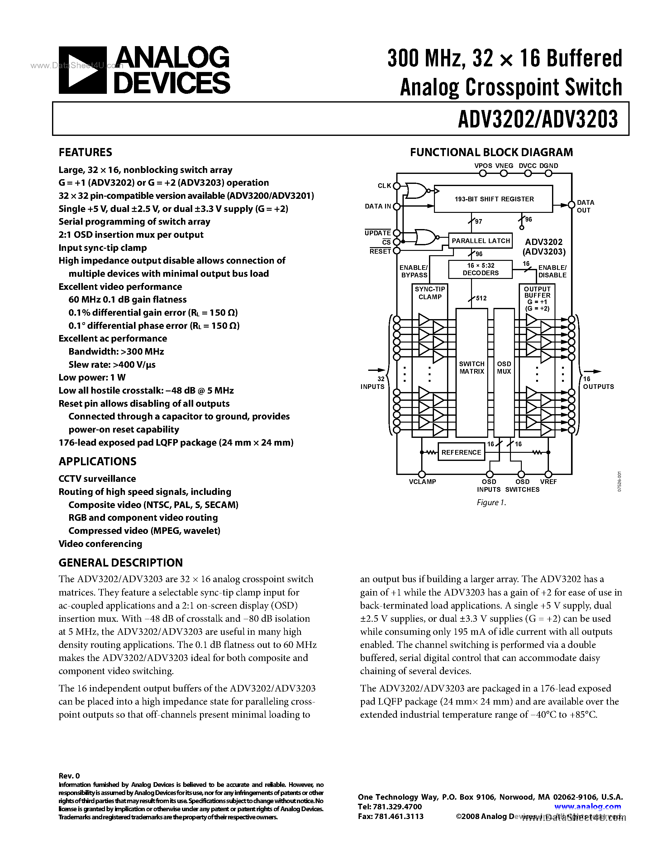 Datasheet ADV3202 - (ADV3202 / ADV3203) 32 X 16 Buffered Analog Crosspoint Switch page 1