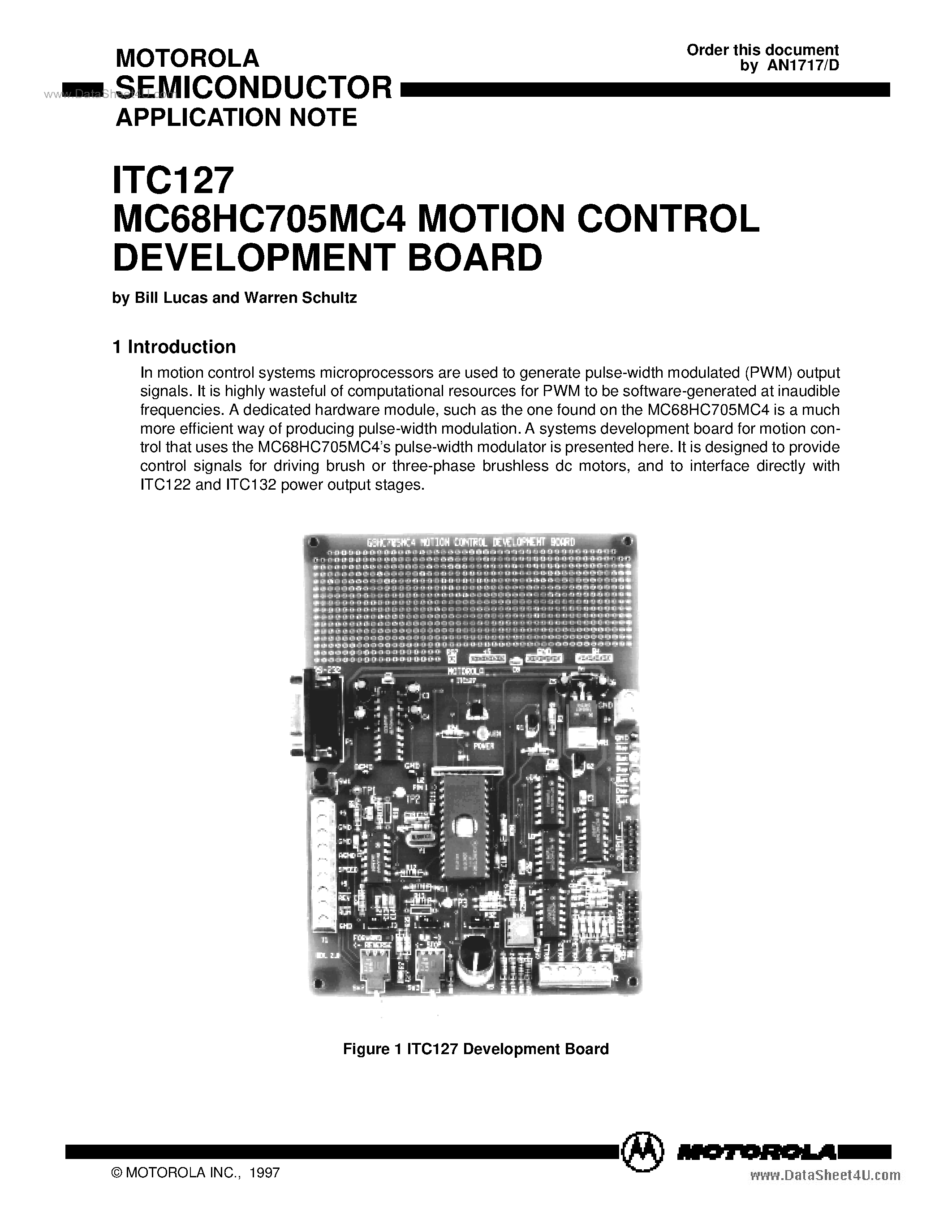 Datasheet AN1717 - ITC127 MC68HC705MC4 Motion Control Development Board page 1