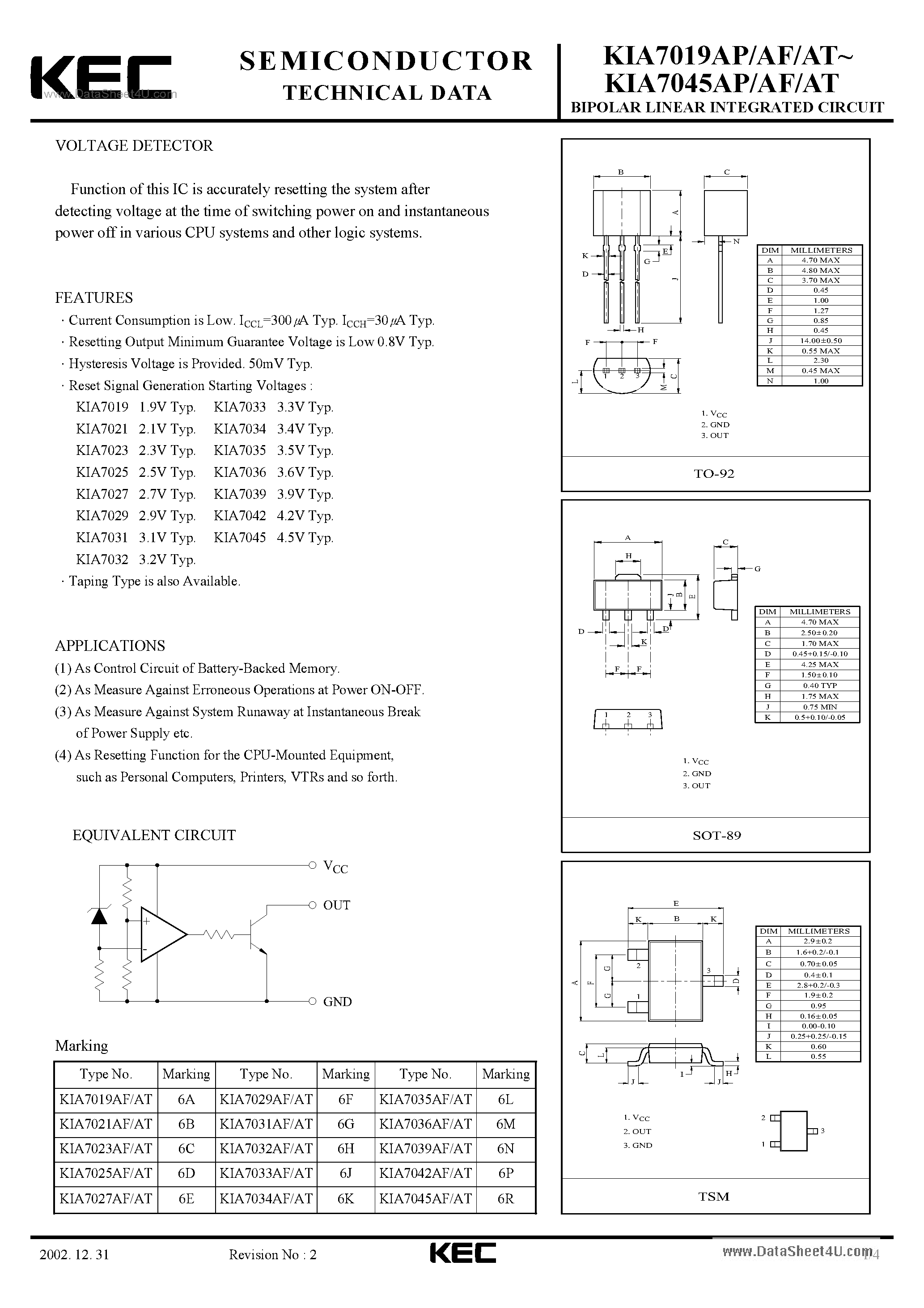 Datasheet KIA7019AF - (KIA7019Ax - KIA7045Ax) BIPOLAR LINEAR INTEGRATED CIRCUIT page 1