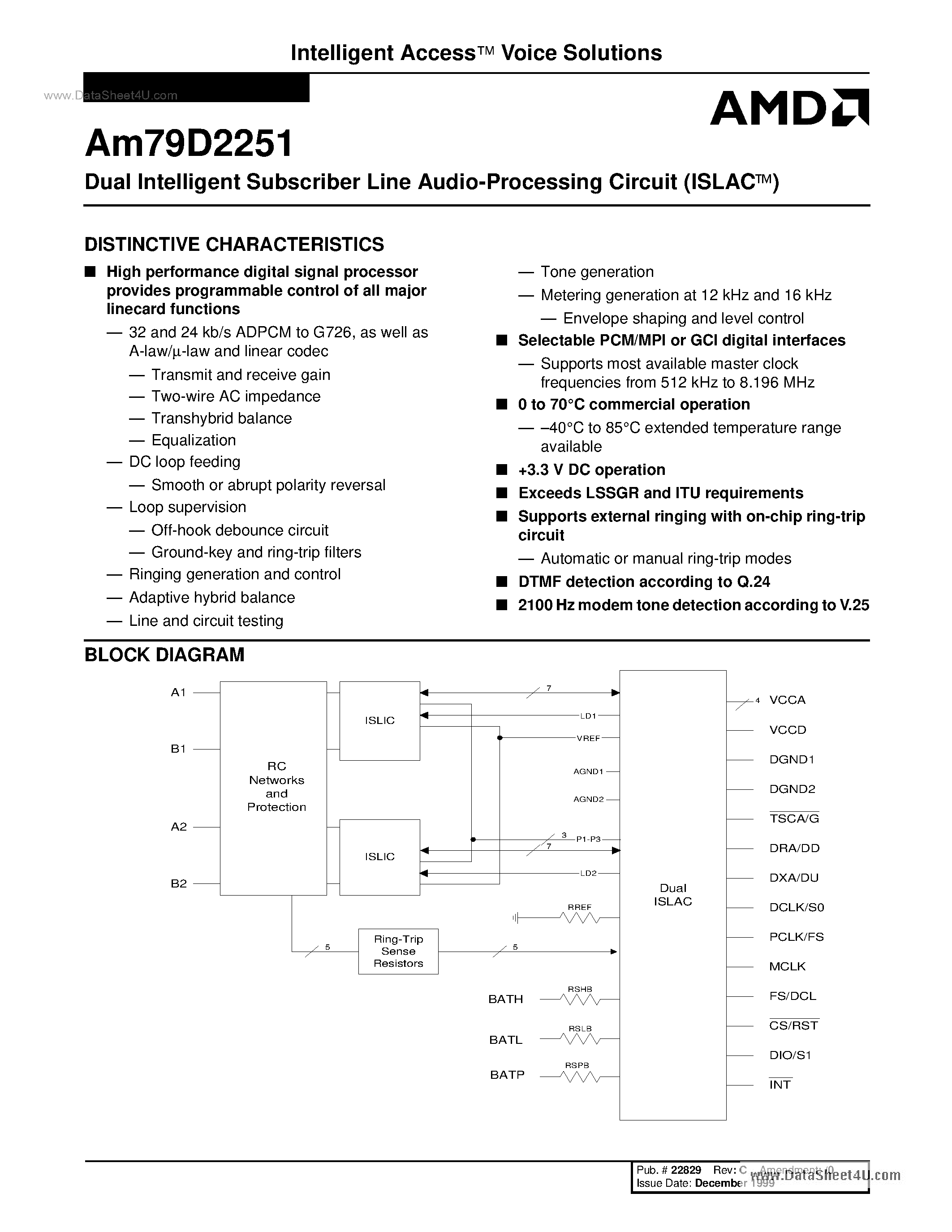Datasheet AM79D2251 - Dual Intelligent Subscriber Line Audio-Processing Circuit page 1