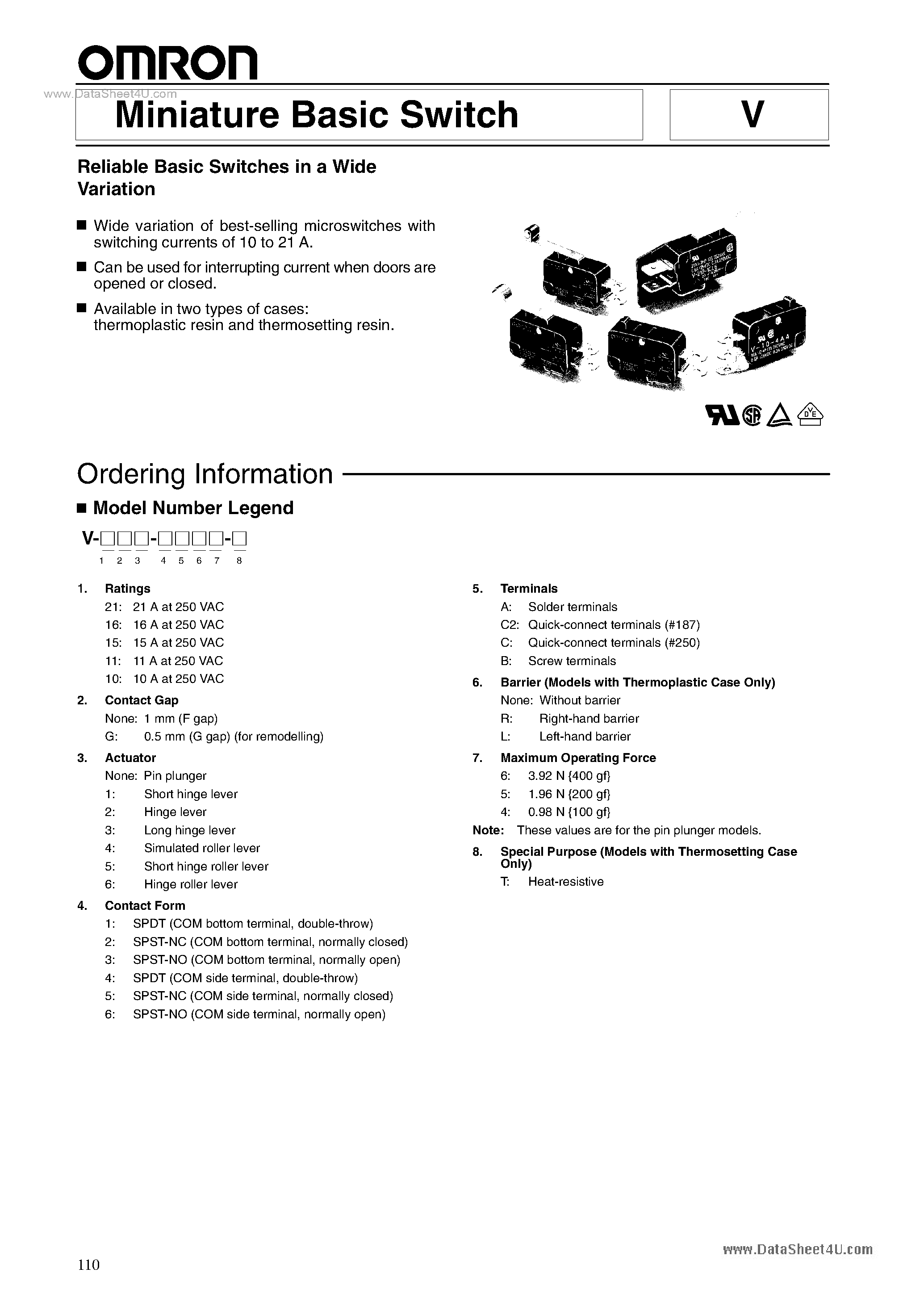 Datasheet V-101-xxx - Miniature Basci Switch page 1