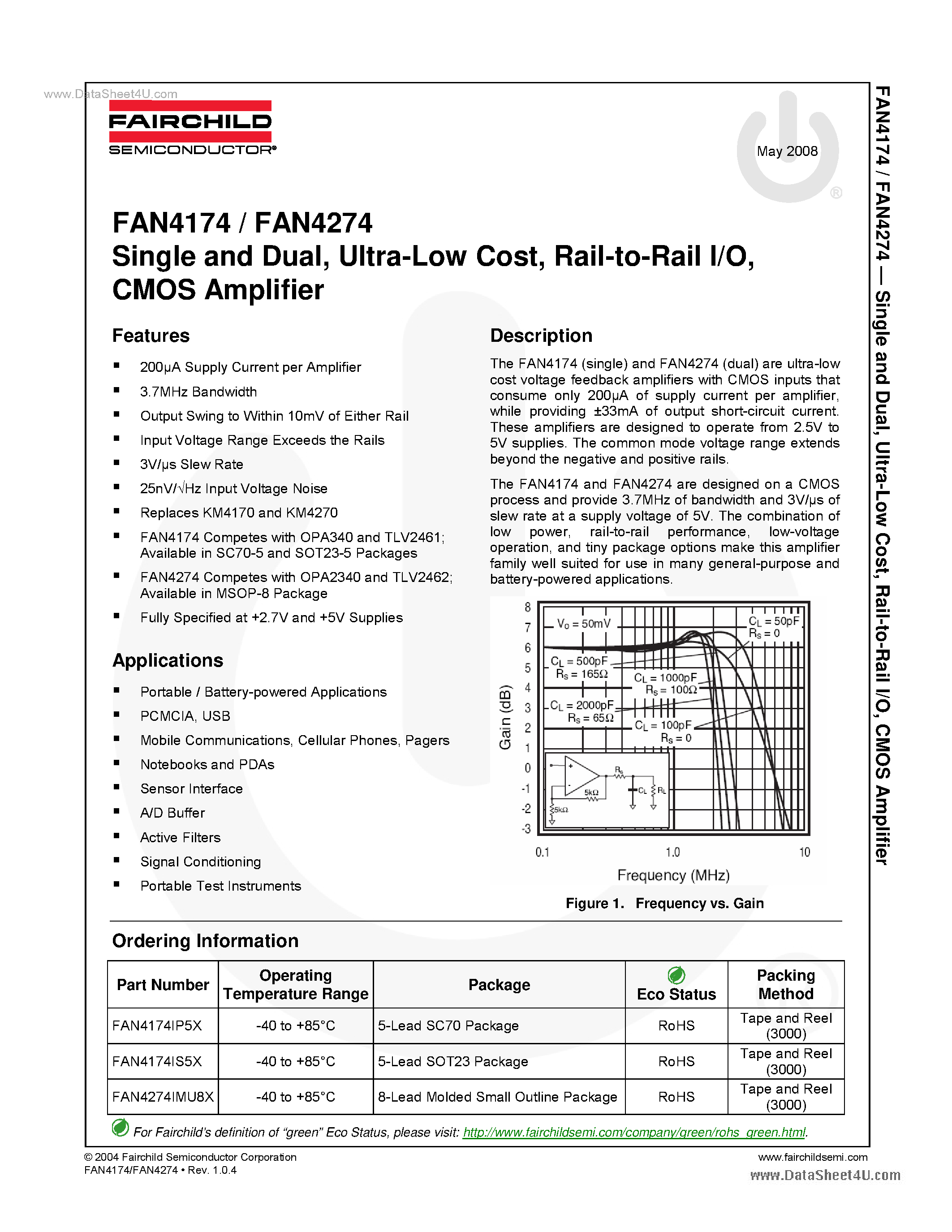 Даташит FAN4174 - (FAN4174 / FAN4274) CMOS Amplifier страница 1