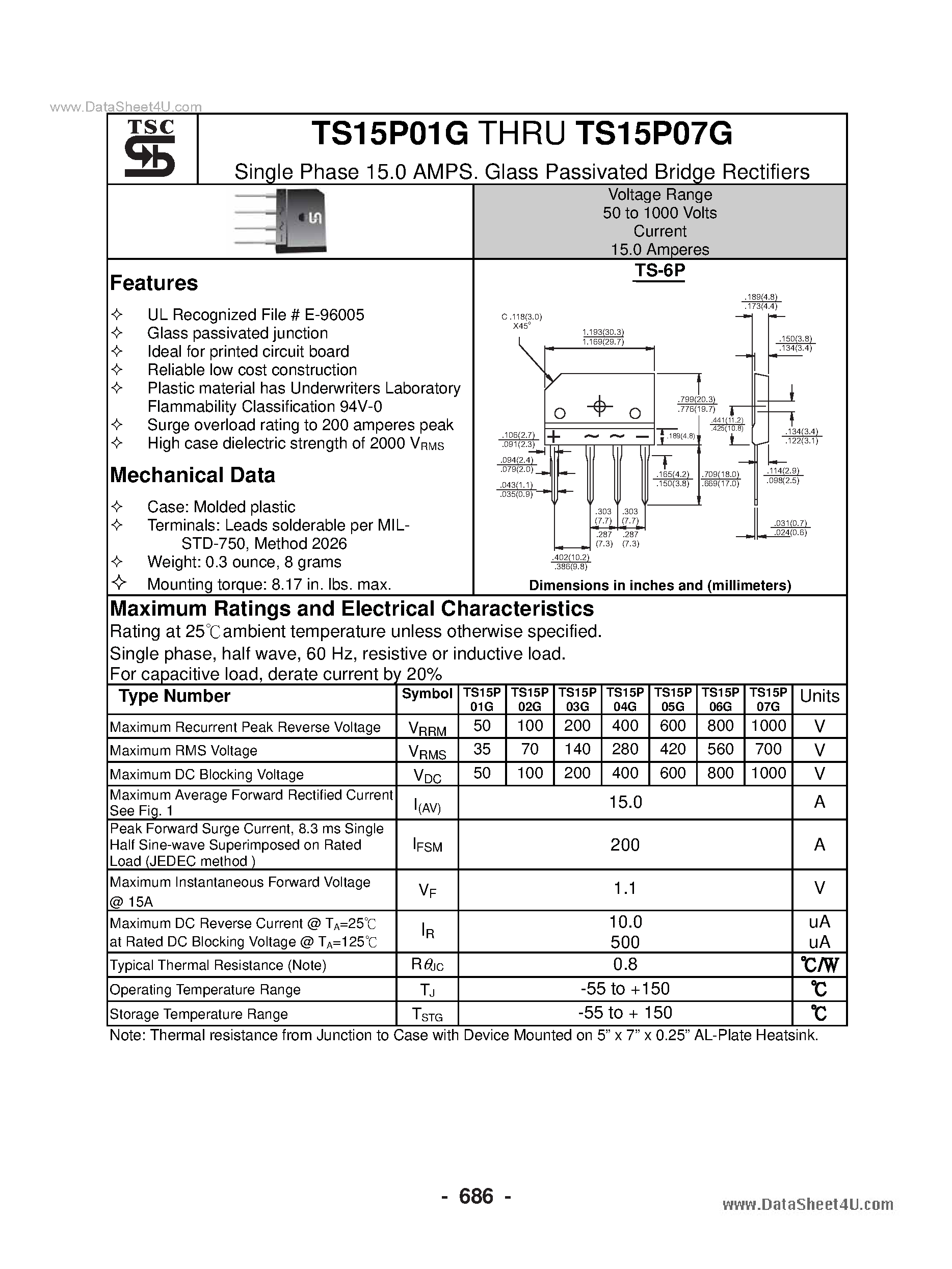 Даташит TS15P01G - (TS15P01G - TS15P07G) Glass Passivated Bridge Rectifiers страница 1