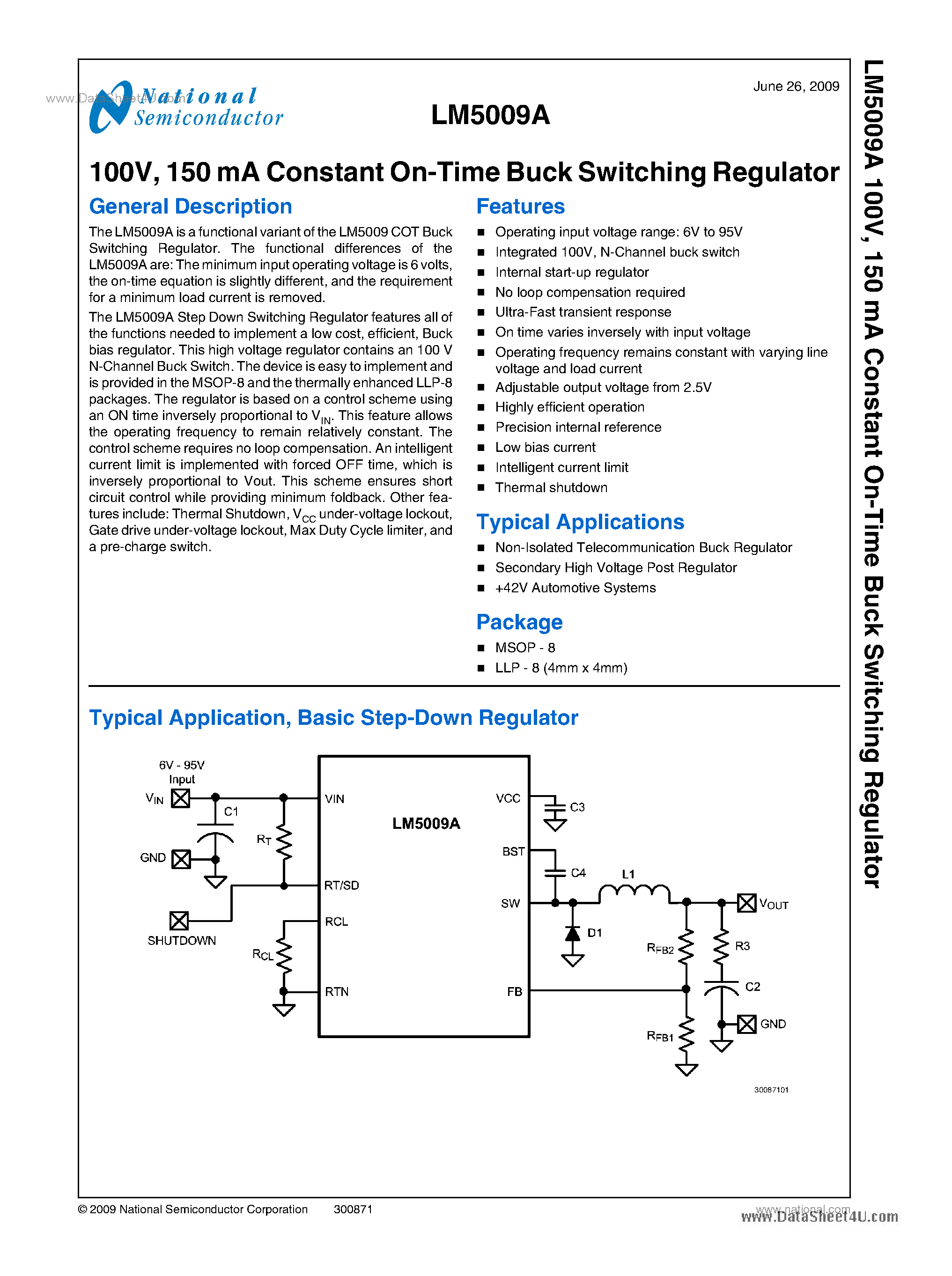 Даташит LM5009A - 150 mA Constant On-Time Buck Switching Regulator страница 1