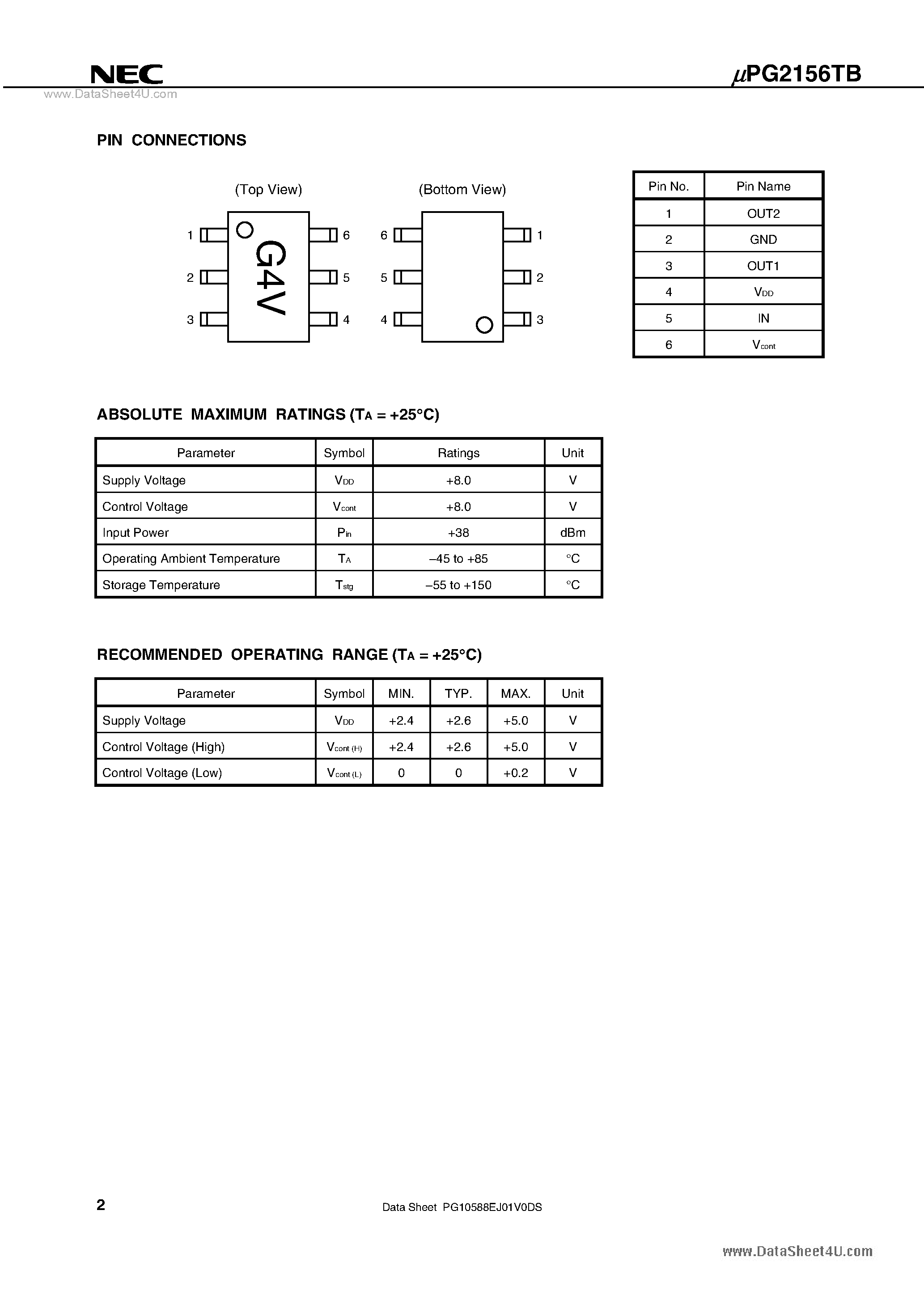 Datasheet UPG2156TB - L-BAND 4 W SINGLE CONTROL HIGH POWER SPDT SWITCH page 2