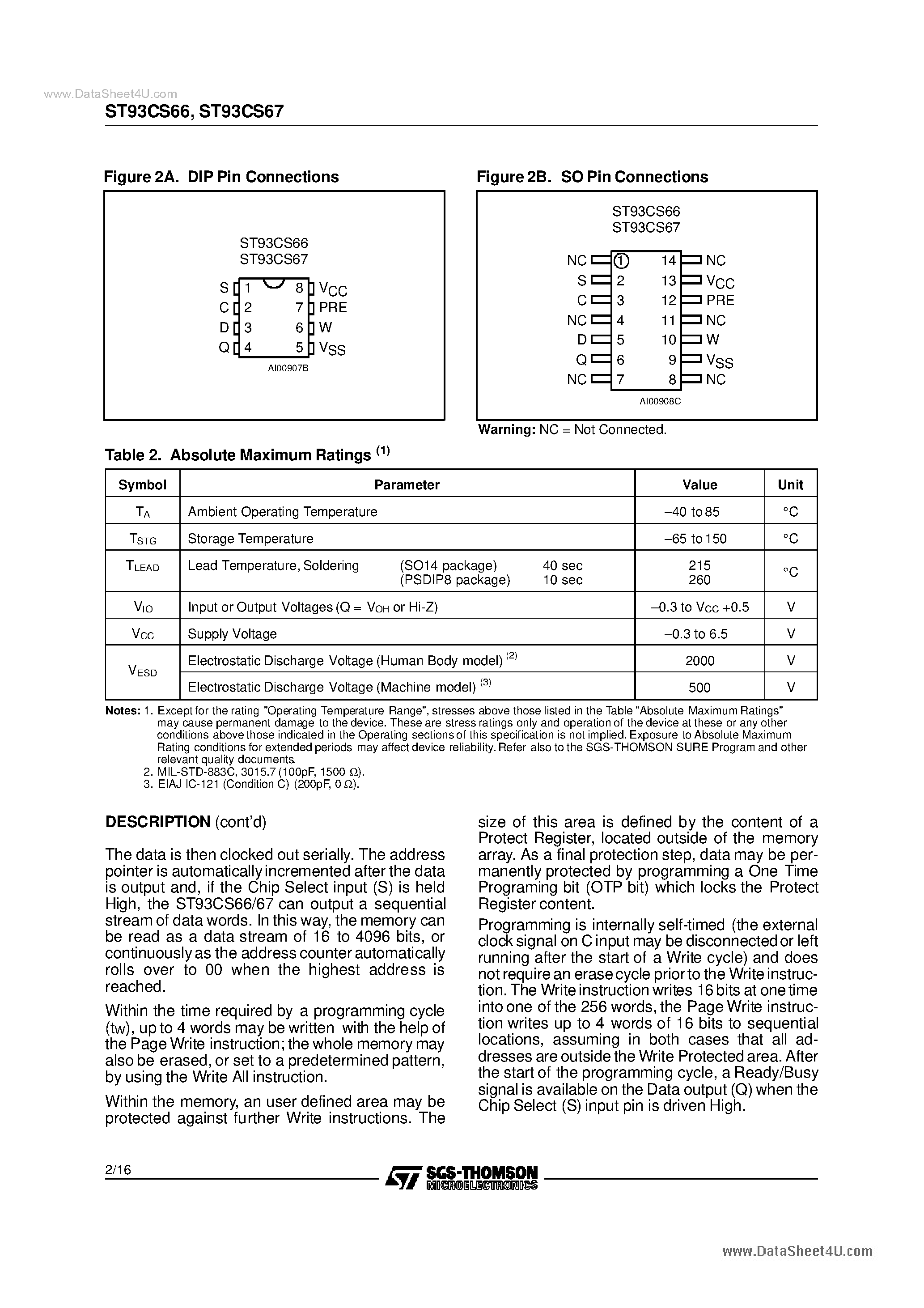 Datasheet ST93CS66 - (ST93CS66 / ST93CS67) 4K 256 x 16 SERIAL MICROWIRE EEPROM page 2