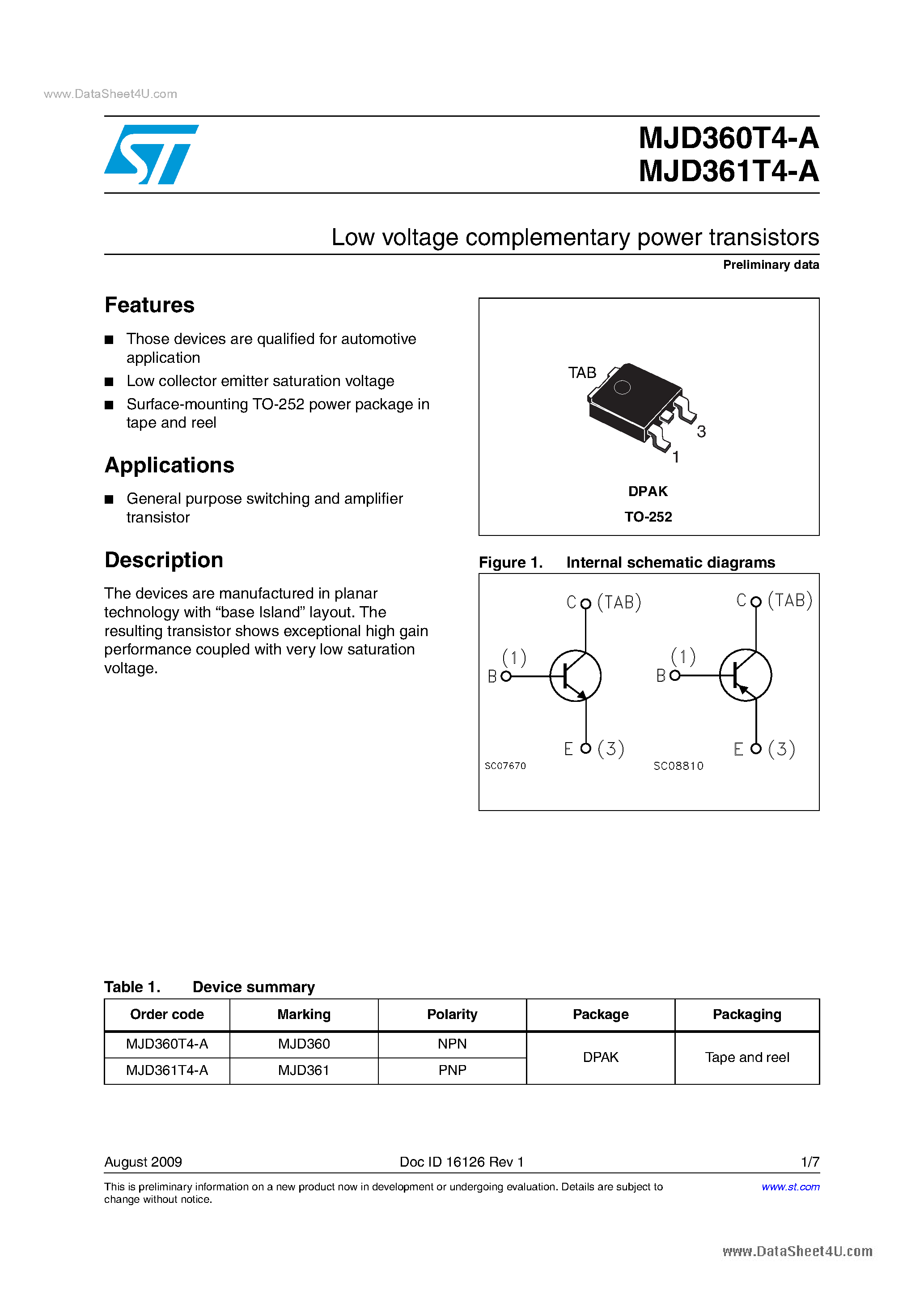 Даташит MJD360T4-A - (MJD360T4-A / MJD361T4-A) Low Voltage Complementary Power Transistors страница 1