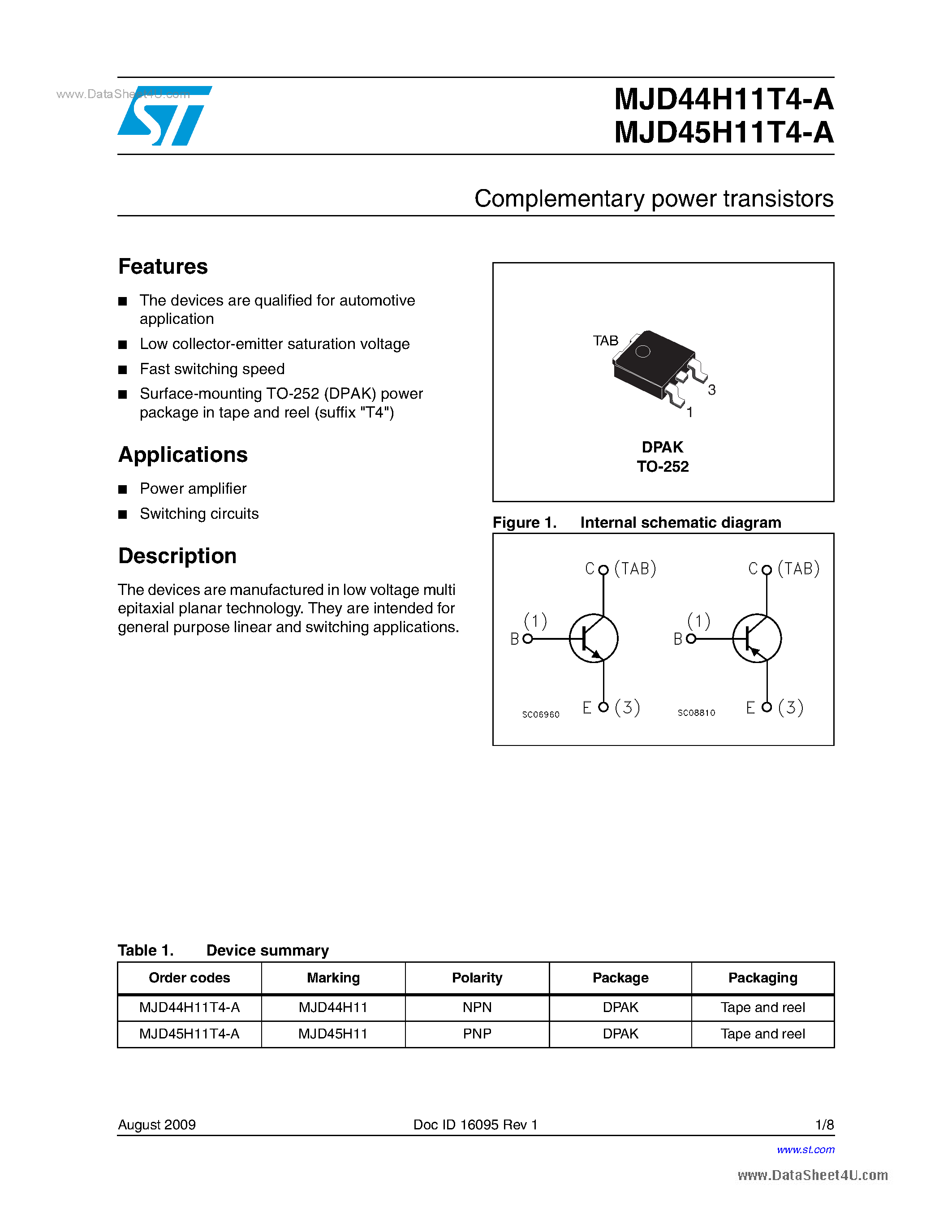 Даташит MJD44H11T4-A - (MJD44H11T4-A / MJD44H11T4-A) Complementary power transistors страница 1
