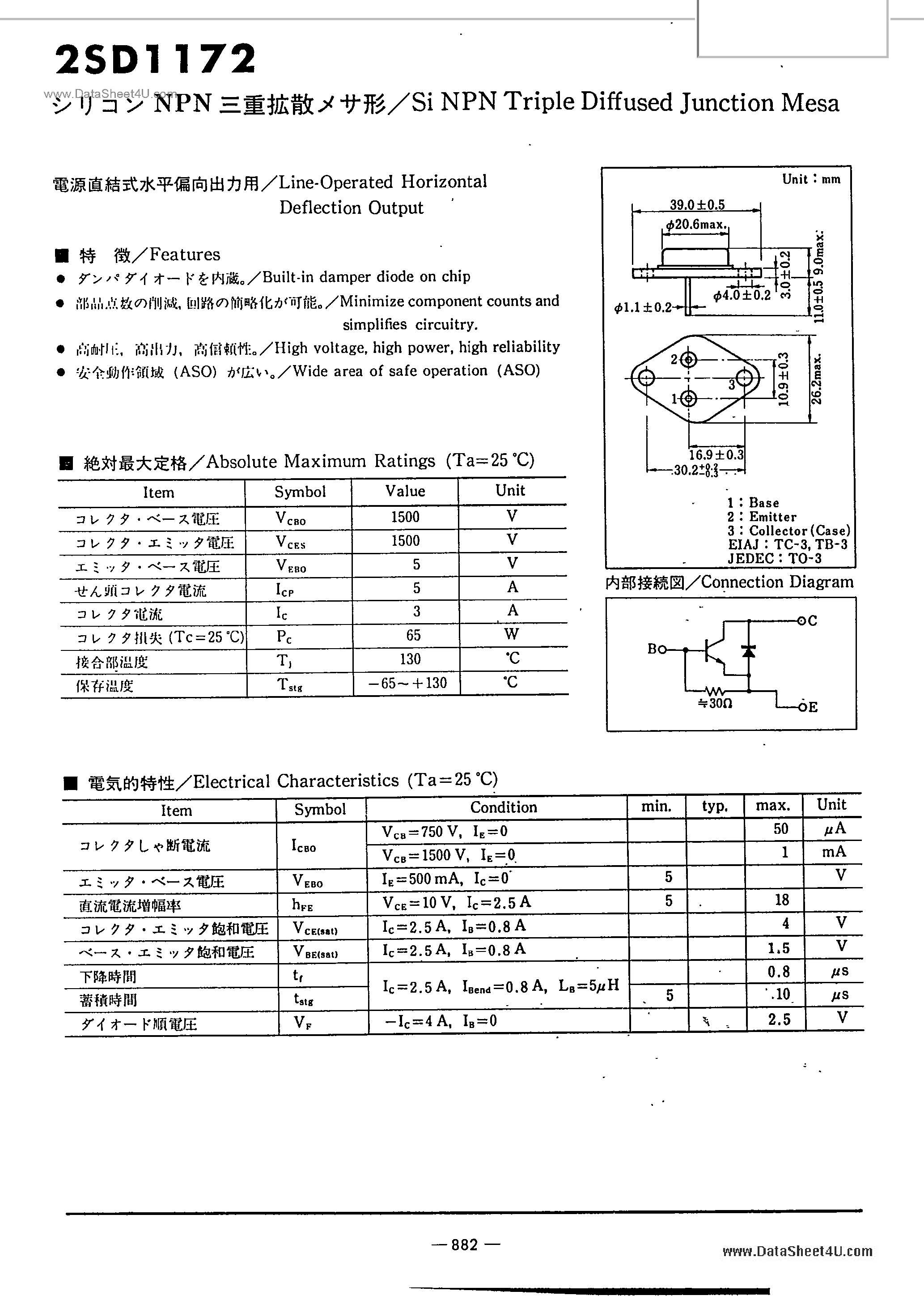 Datasheet 2SD1172 - (2SD1172 - 2SD1174) SI NPN TRIPLE DIFFUSED JUNCTION MESA page 1