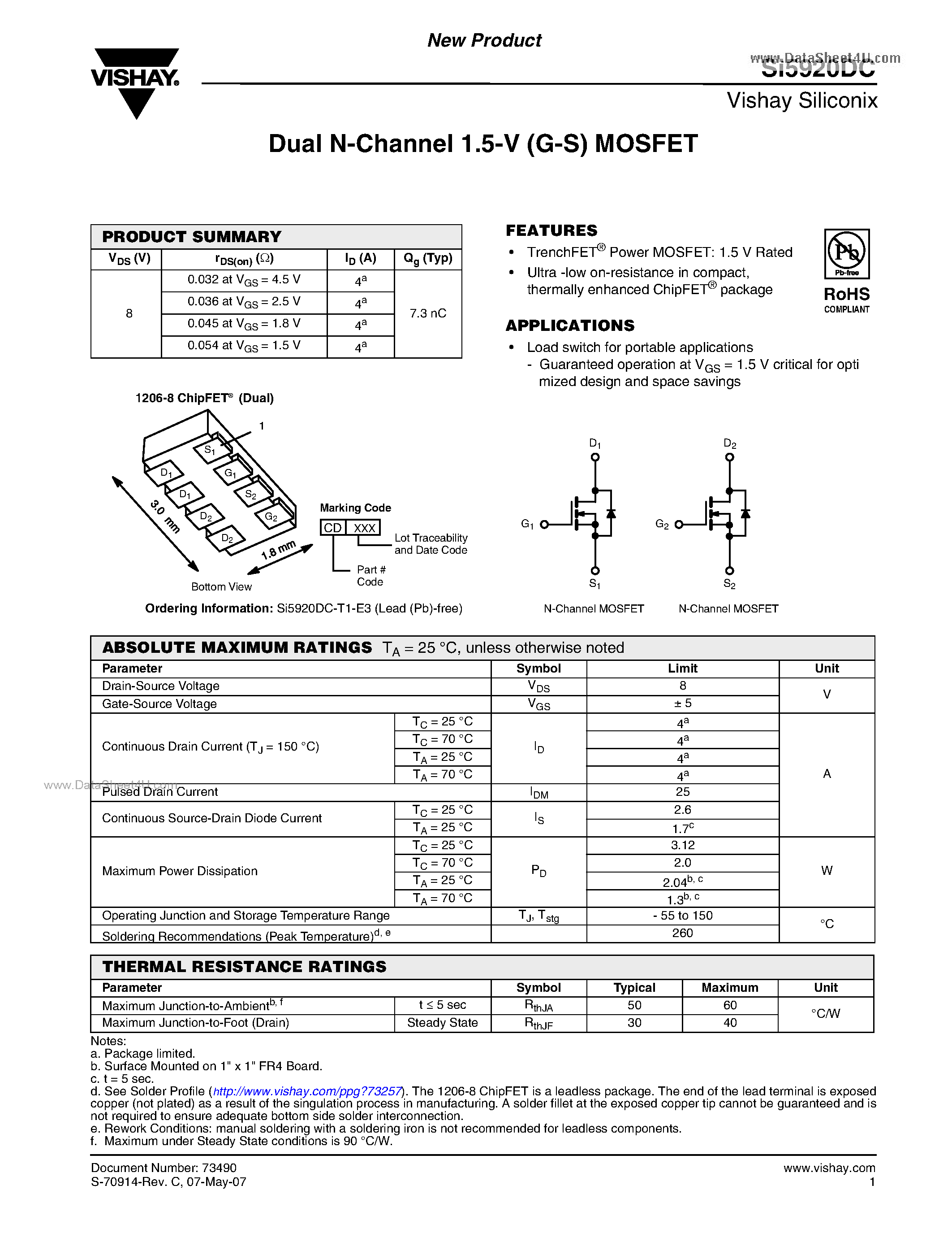 Datasheet Si5920DC - Dual N-Channel 1.5-V (G-S) MOSFET page 1