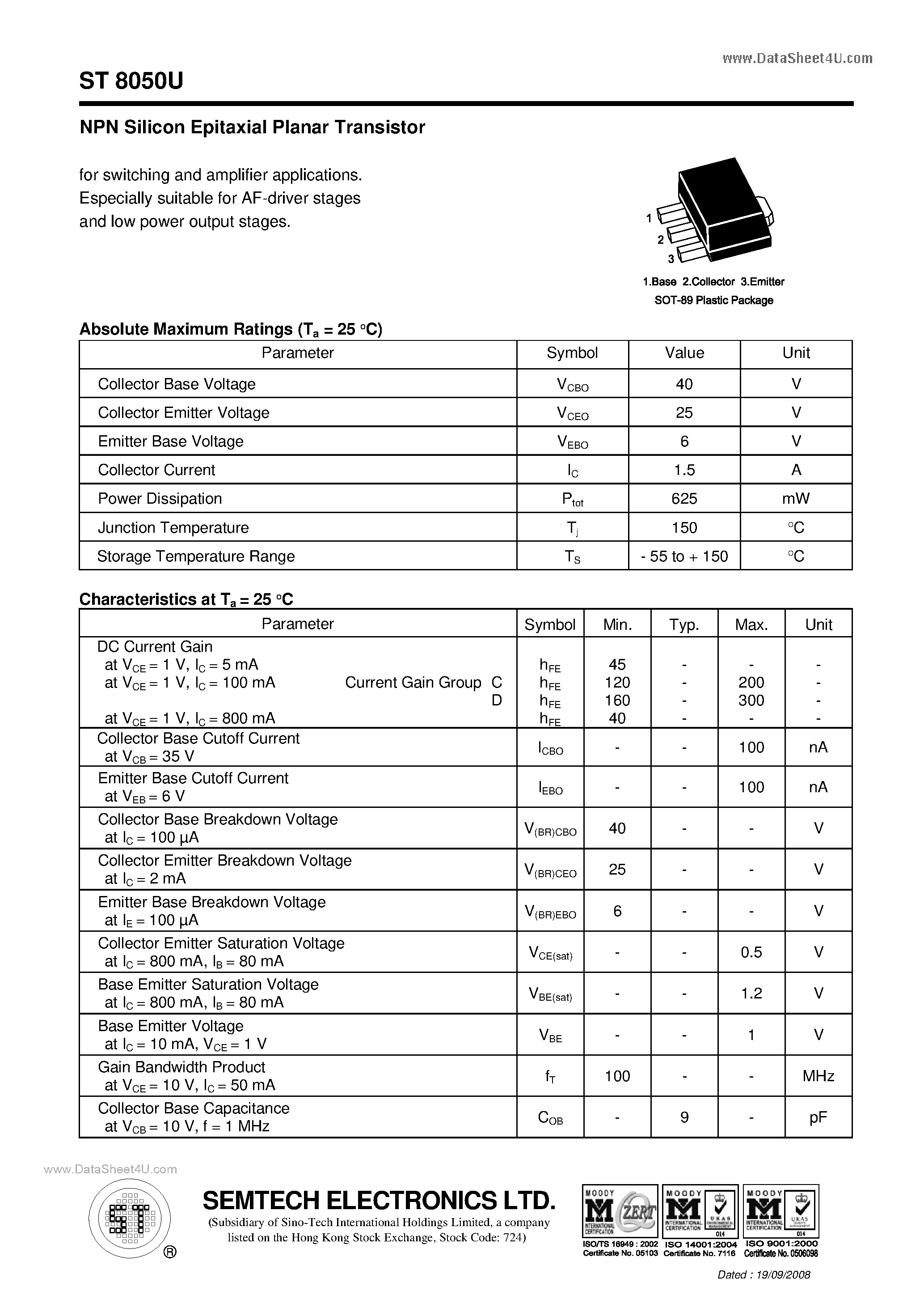 Datasheet ST8050U - NPN Silicon Epitaxial Planar Transistor page 1