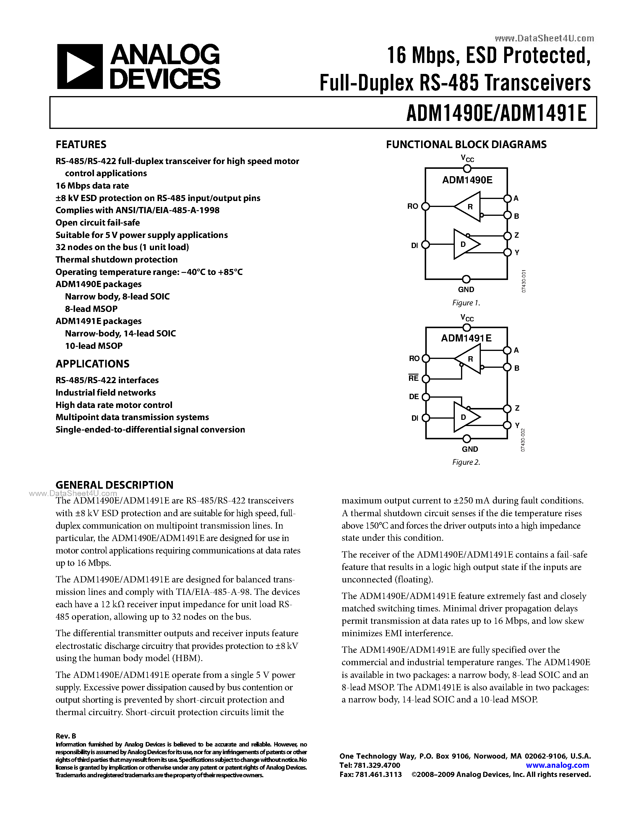 Даташит ADM1490E - (ADM1490E / ADM1491E) Full-Duplex RS-485 Transceivers страница 1