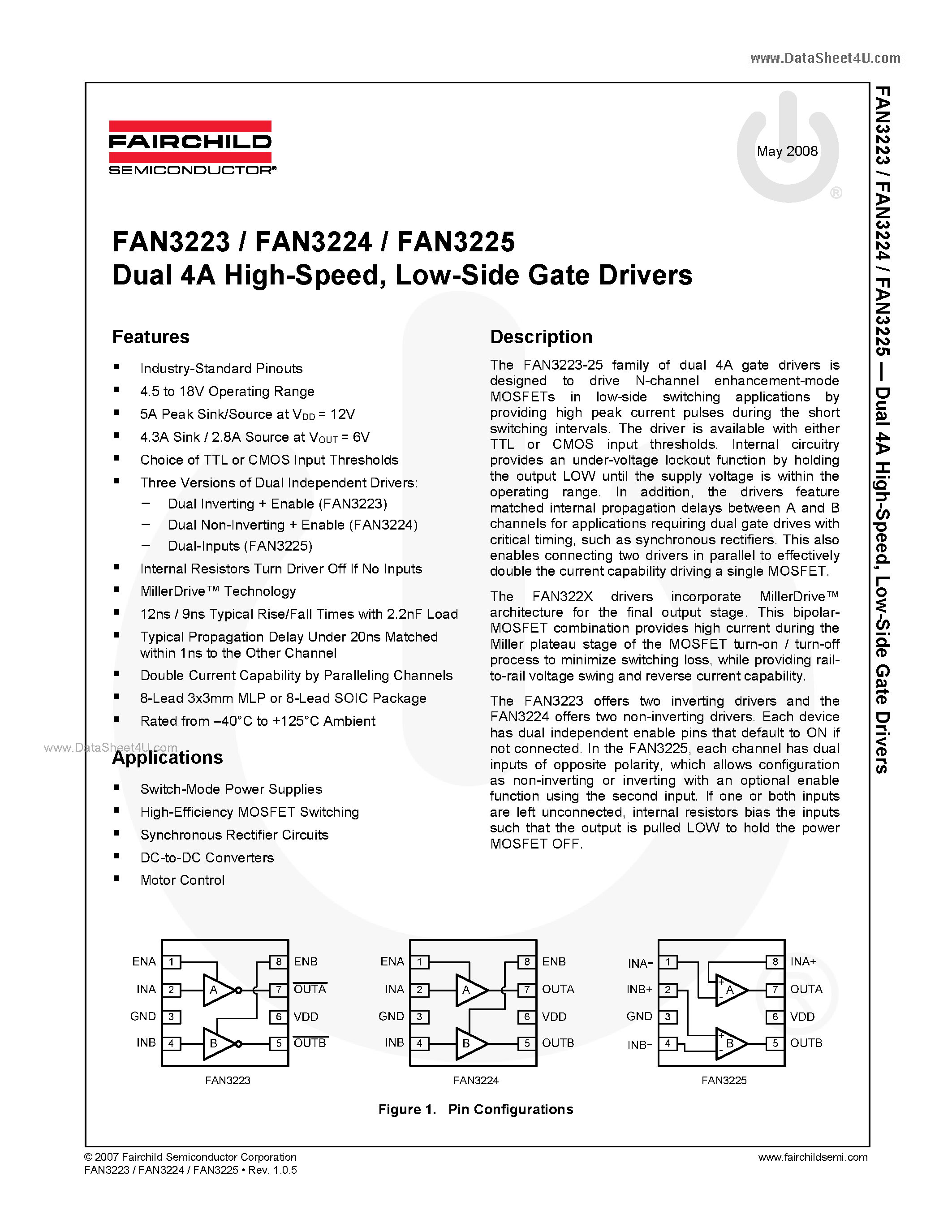 Даташит FAN3223 - (FAN3223 - FAN3225) Low-Side Gate Drivers страница 1