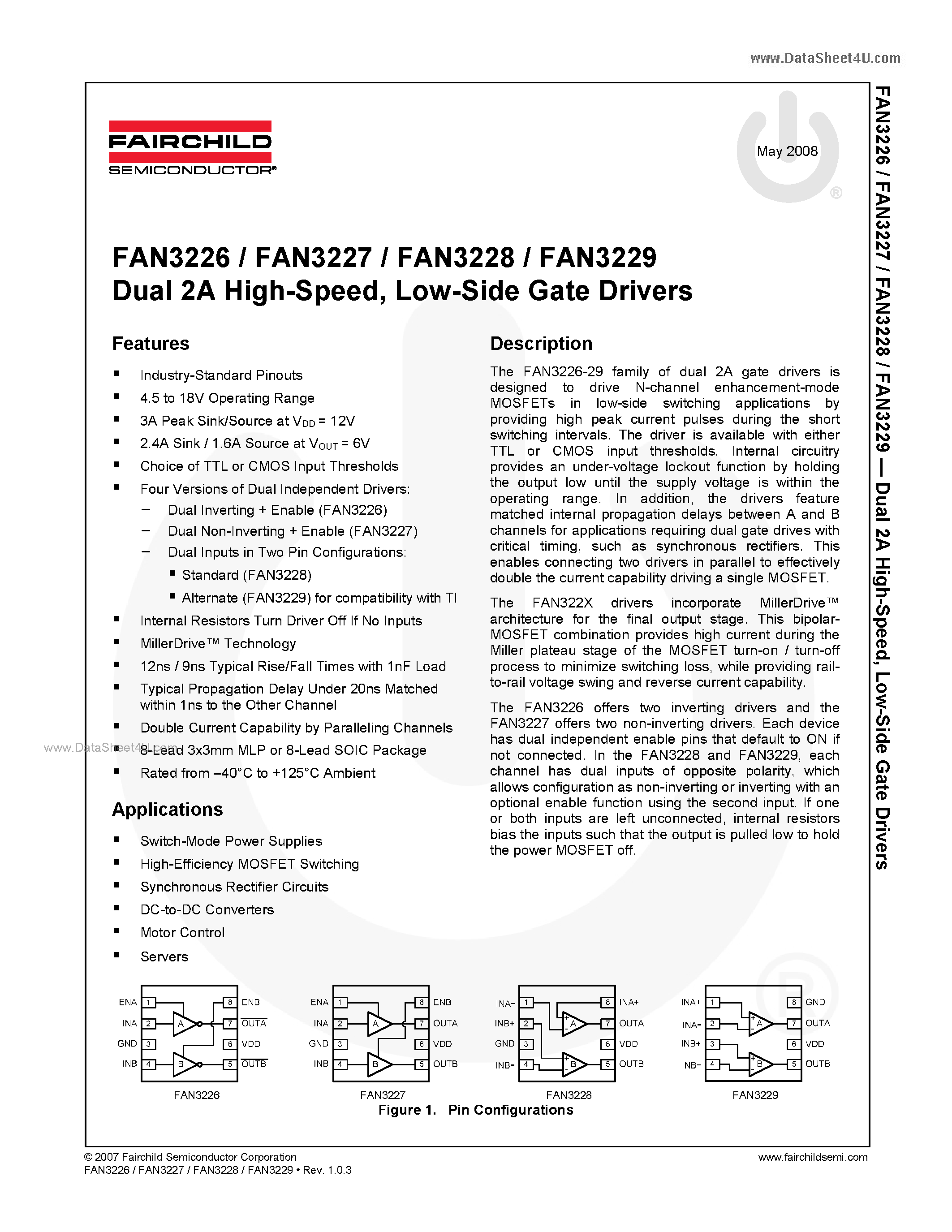 Datasheet FAN3226 - (FAN3226 - FAN3229) Low-Side Gate Drivers page 1