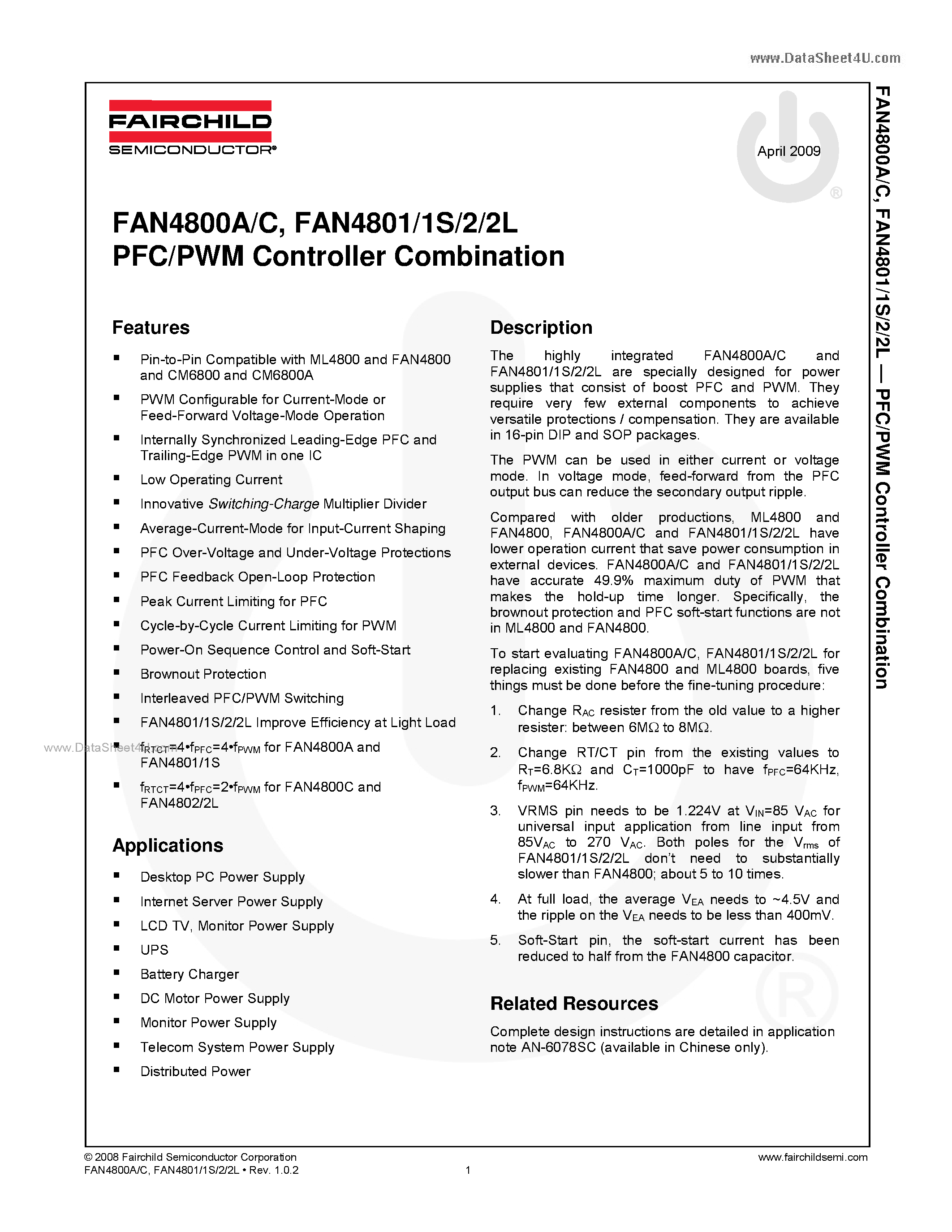 Даташит FAN4800A - (FAN4800x / FAN480xx) PFC/PWM Controller Combination страница 1