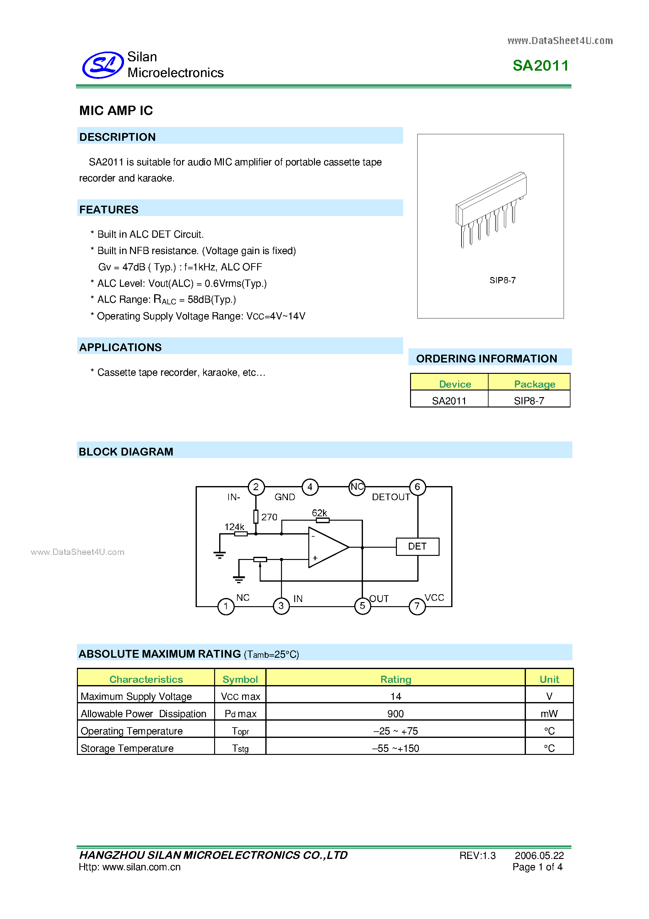 Datasheet SA2011 - MIC AMP IC page 1
