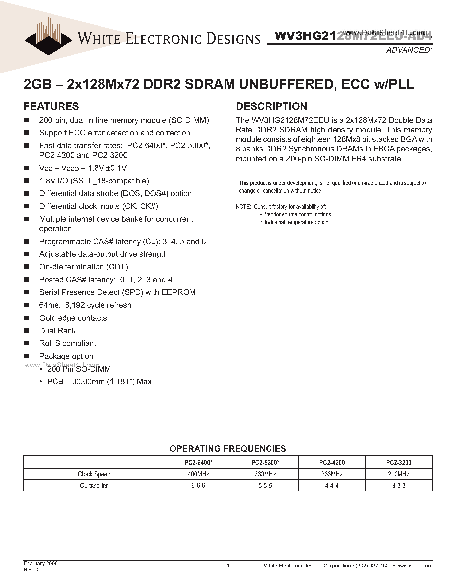 Даташит WV3HG2128M72EEU-AD4 - 2GB - 2x128Mx72 DDR2 SDRAM UNBUFFERED страница 1