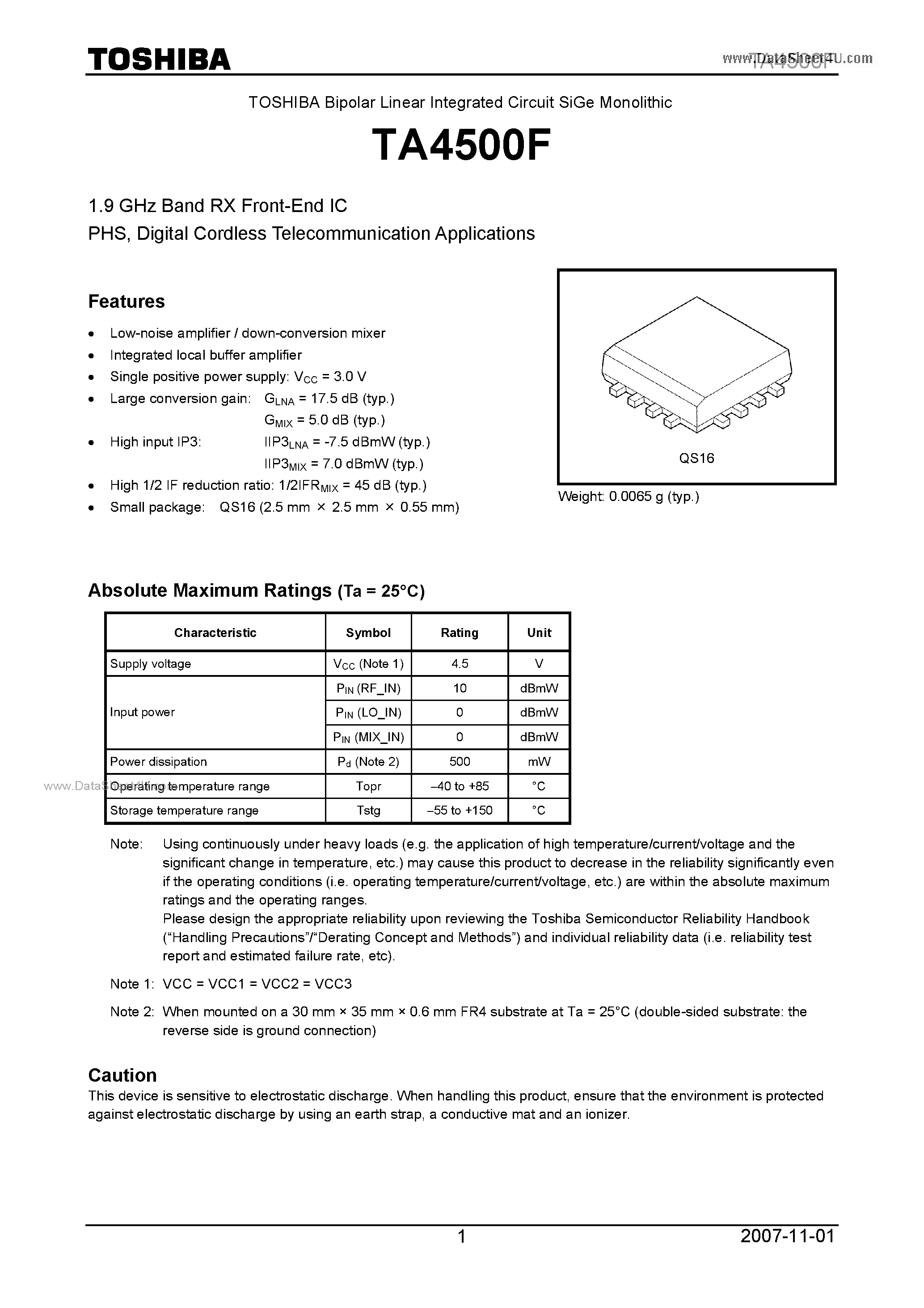 Datasheet TA4500F - 1.9 GHz Band RX Front-End IC page 1
