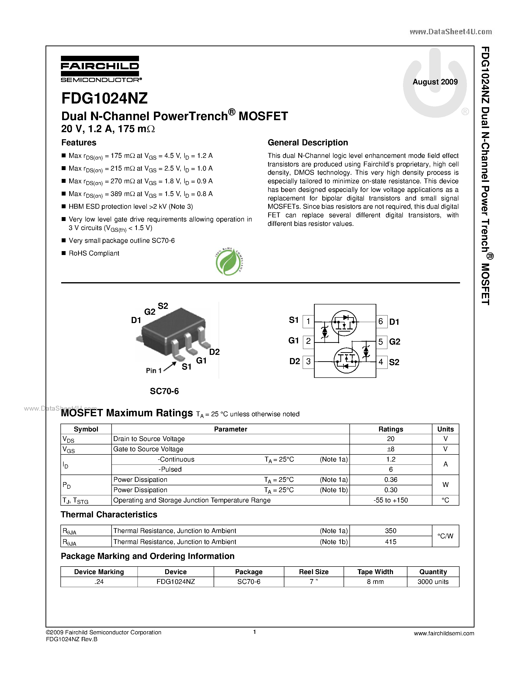 Datasheet FDG1024NZ - N-Channel MOSFET page 1