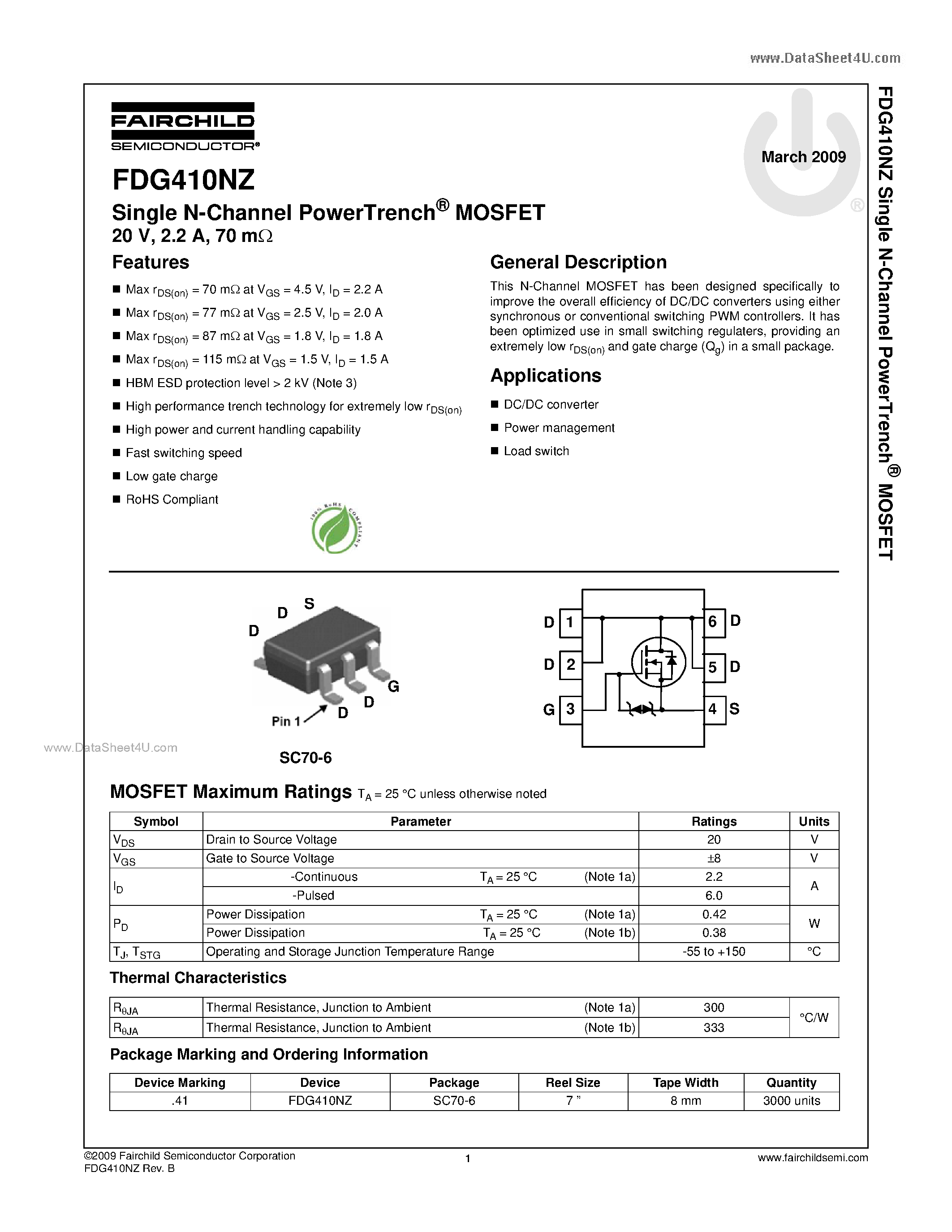 Datasheet FDG410NZ - N-Channel MOSFET page 1
