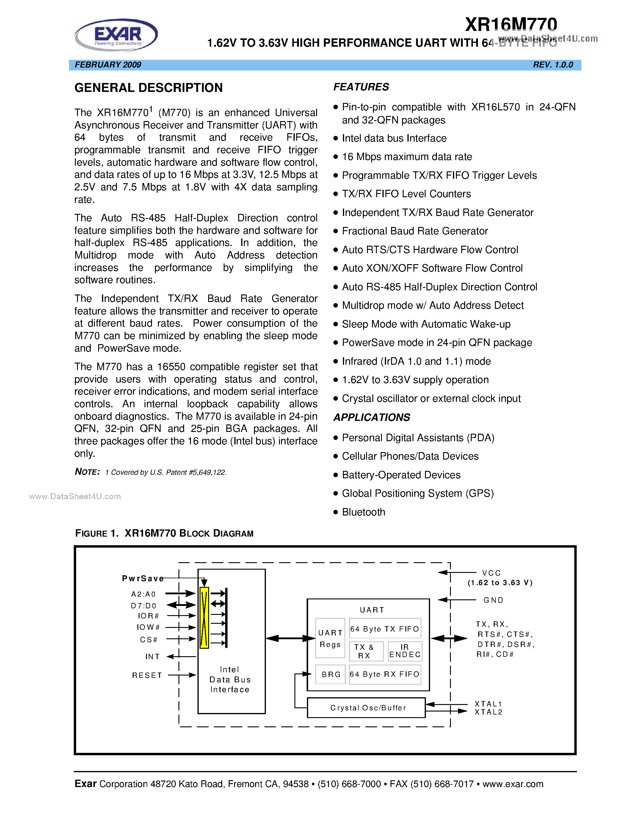 Datasheet XR16M770 - 1.62V TO 3.63V HIGH PERFORMANCE UART page 1