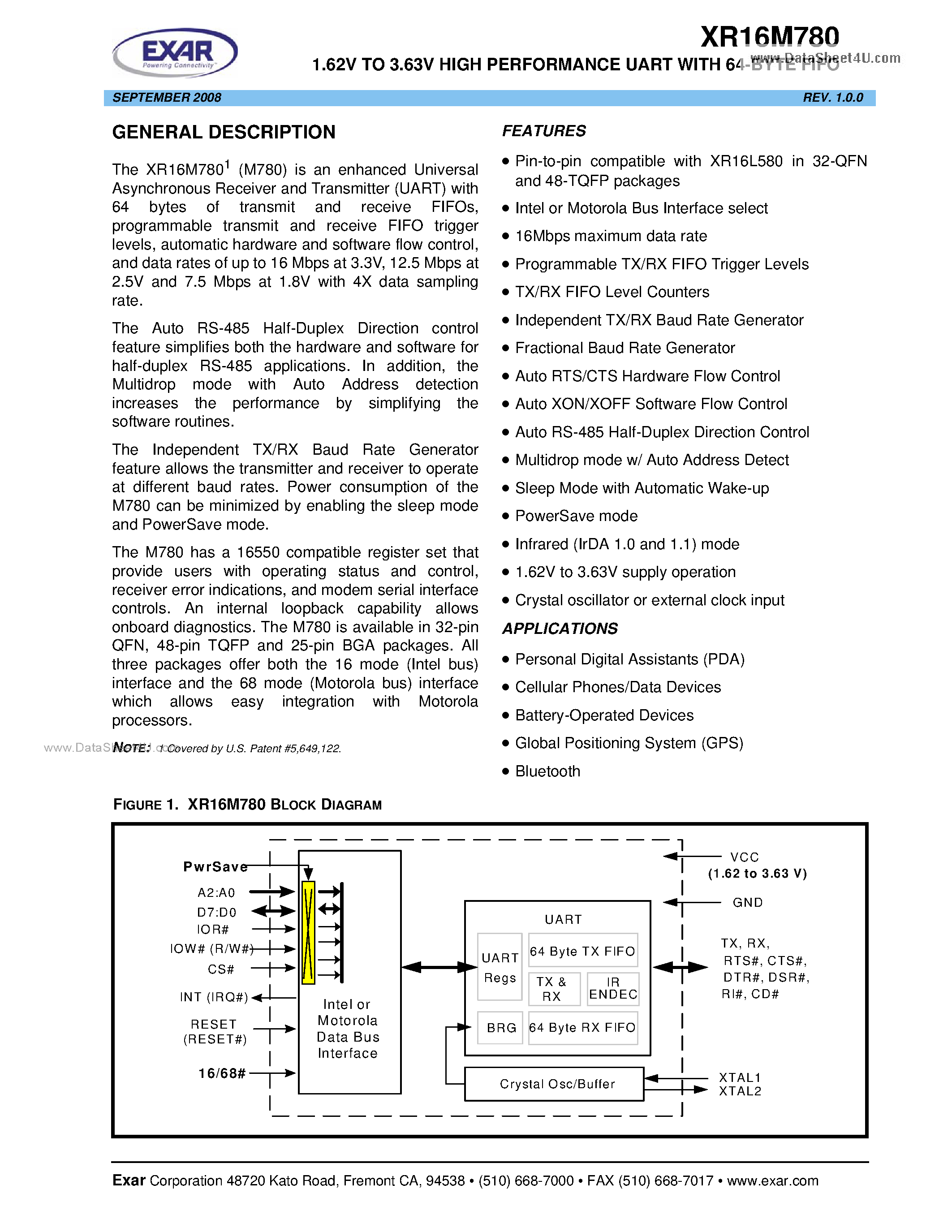 Datasheet XR16M780 - 1.62V TO 3.63V HIGH PERFORMANCE UART page 1