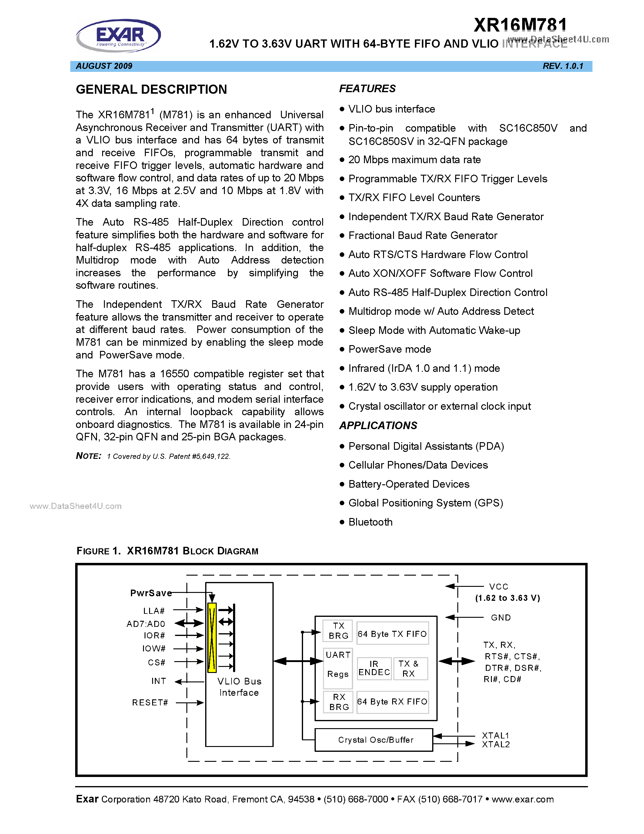 Datasheet XR16M781 - 1.62V TO 3.63V UART page 1