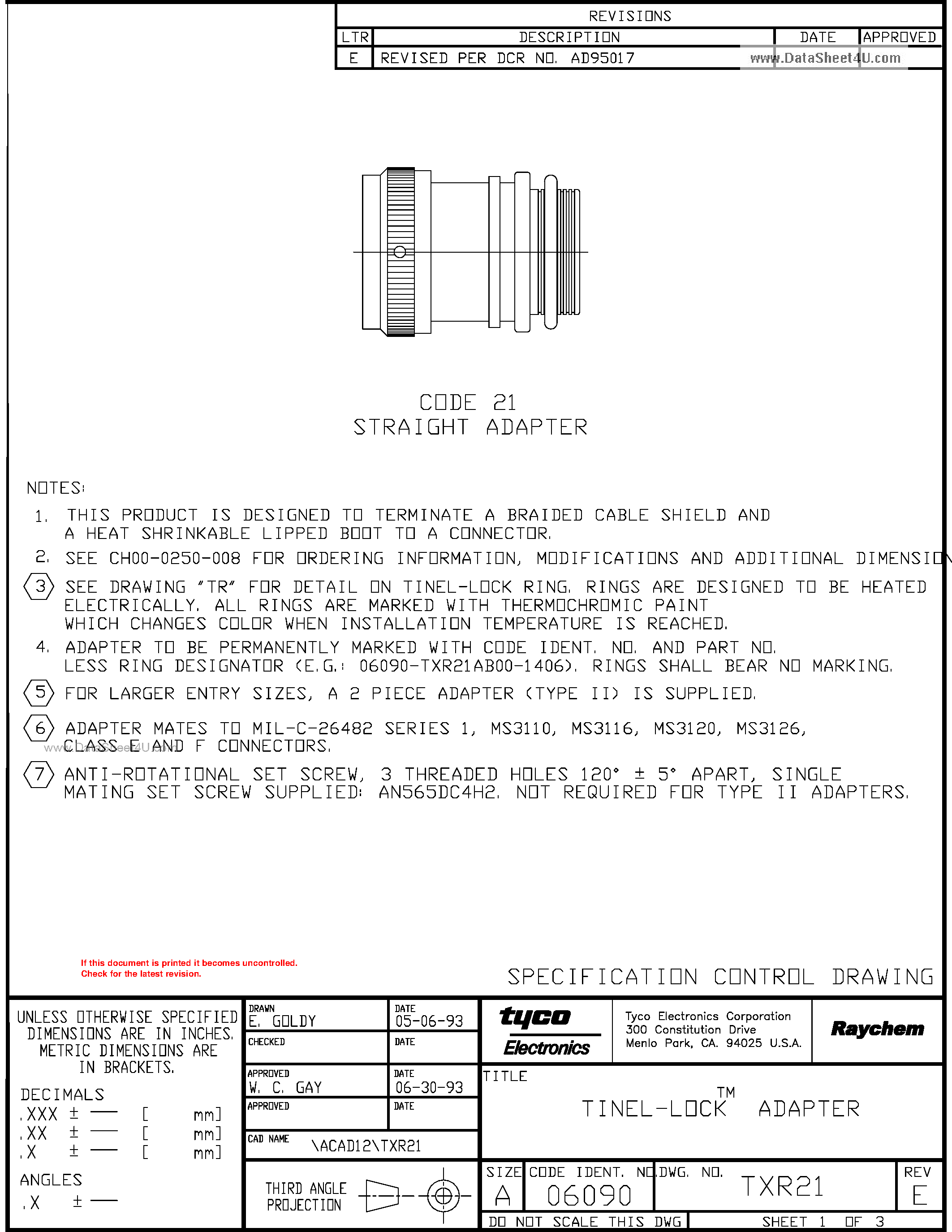 Datasheet TXR21 - Spin and Tinel Lock Adapters page 1