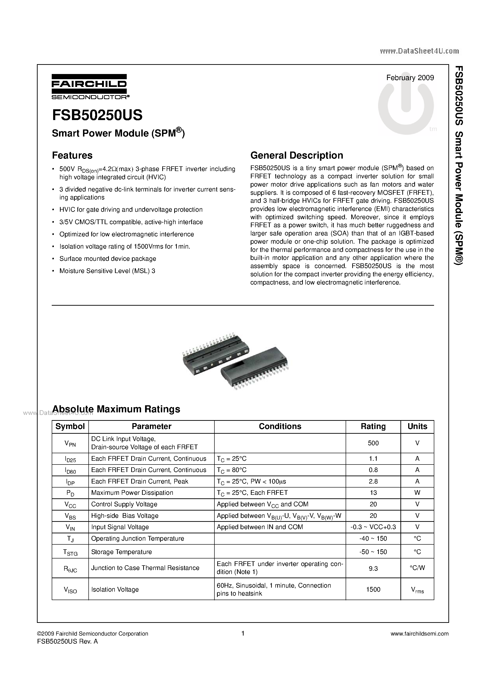 Даташит FSB50250US - Smart Power Module страница 1