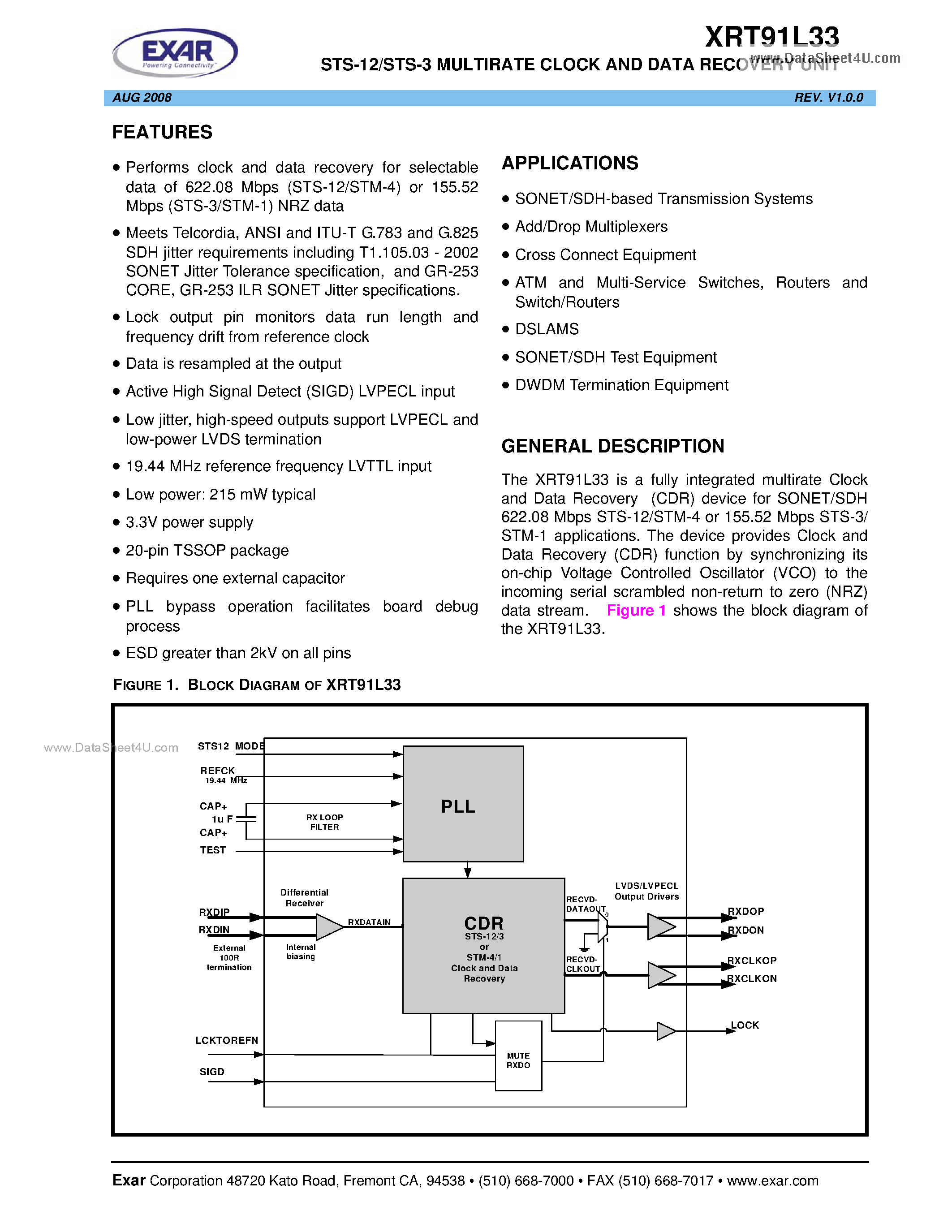 Datasheet XRT91L33 - STS-12/STS-3 MULTIRATE CLOCK AND DATA RECOVERY UNIT page 1
