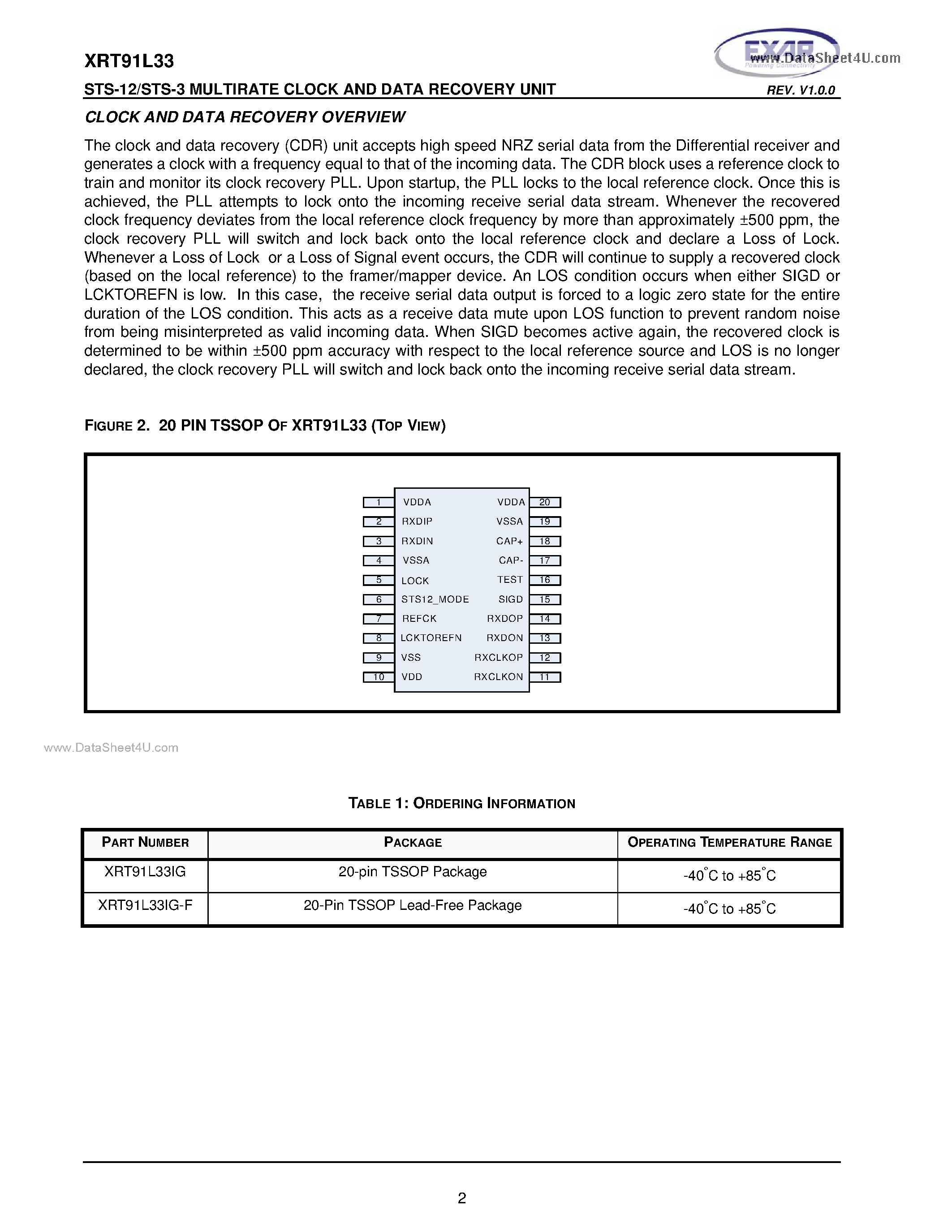 Datasheet XRT91L33 - STS-12/STS-3 MULTIRATE CLOCK AND DATA RECOVERY UNIT page 2