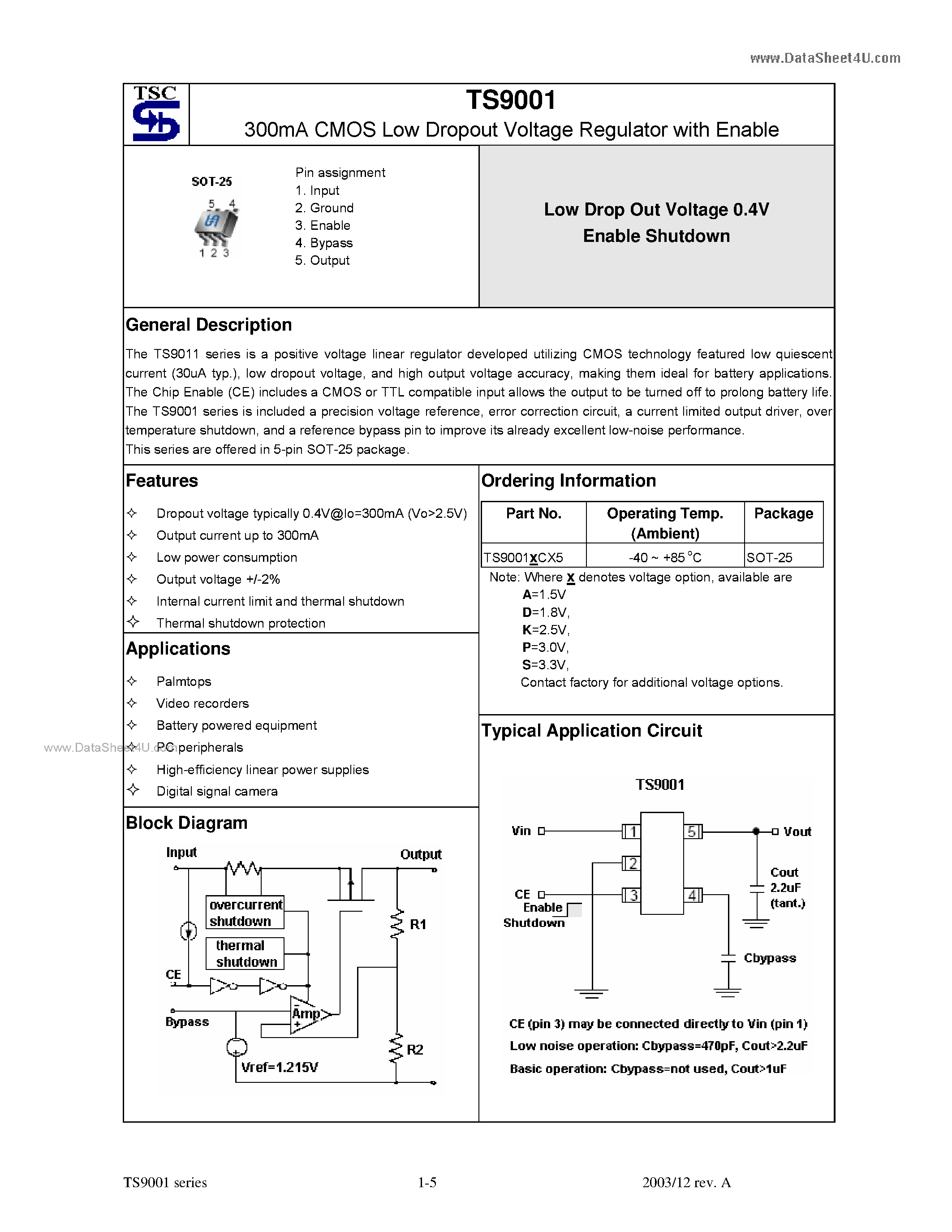 Даташит TS9001 - 300mA CMOS Low Dropout Voltage Regulator страница 1