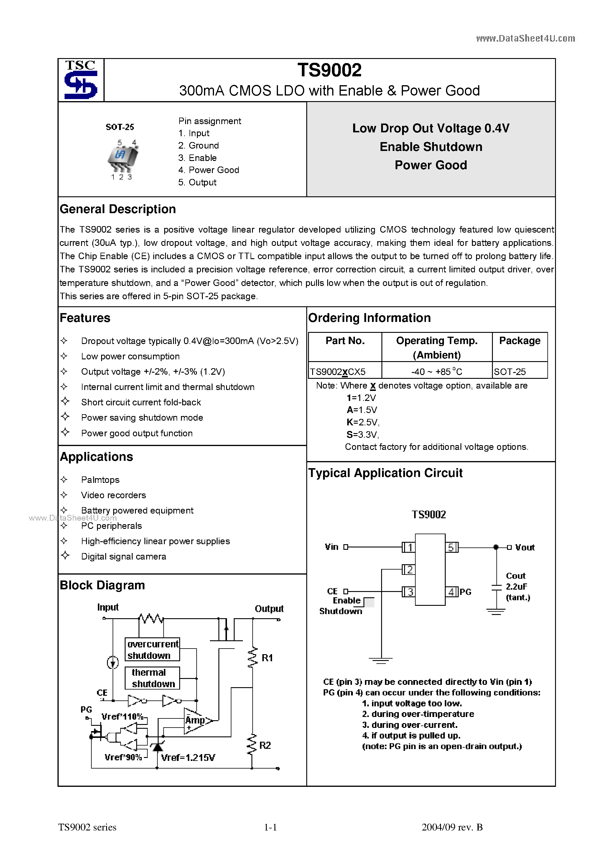 Datasheet TS9002 - 300mA CMOS LDO page 1