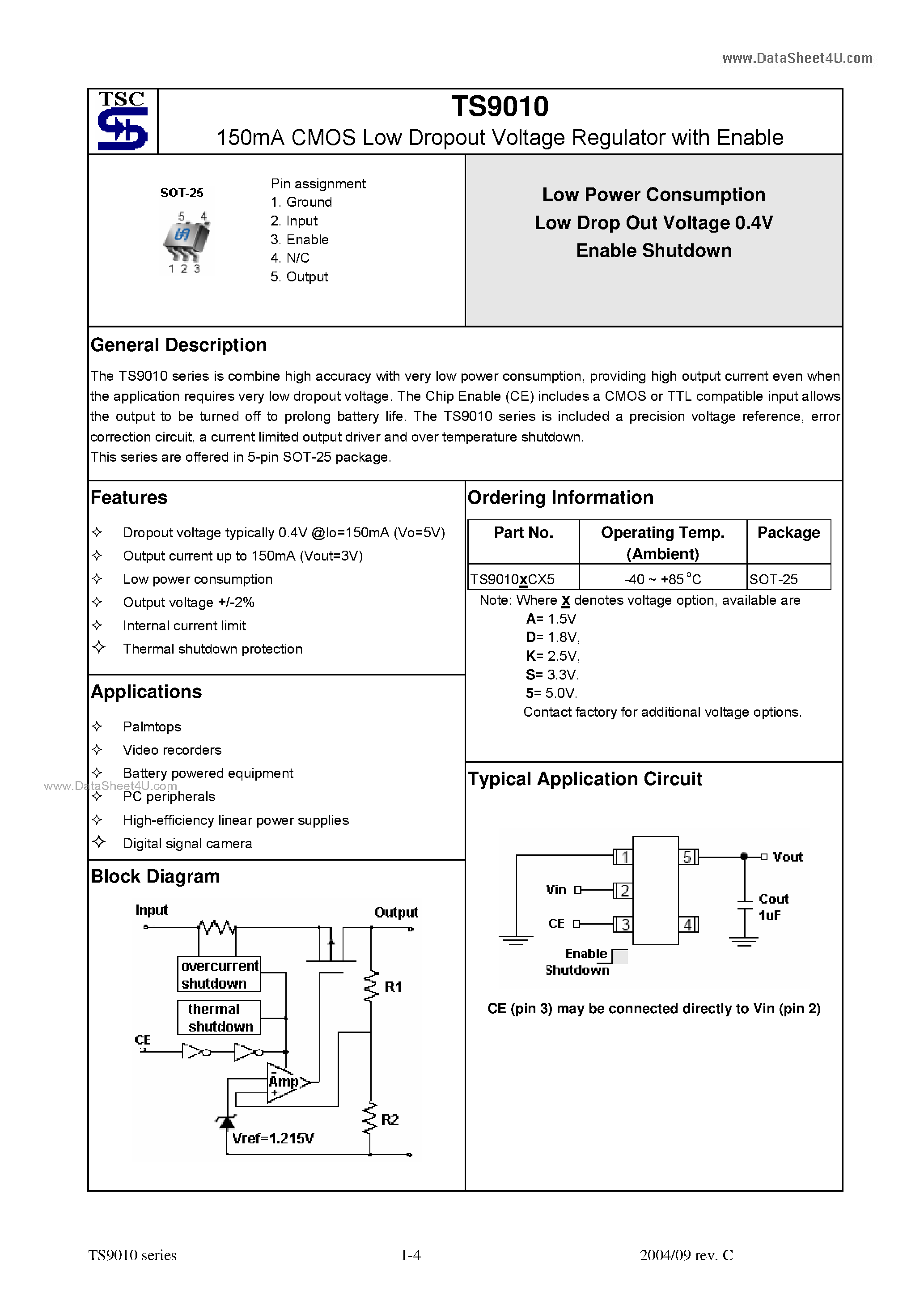 Даташит TS9010 - 150mA CMOS Low Dropout Voltage Regulator страница 1